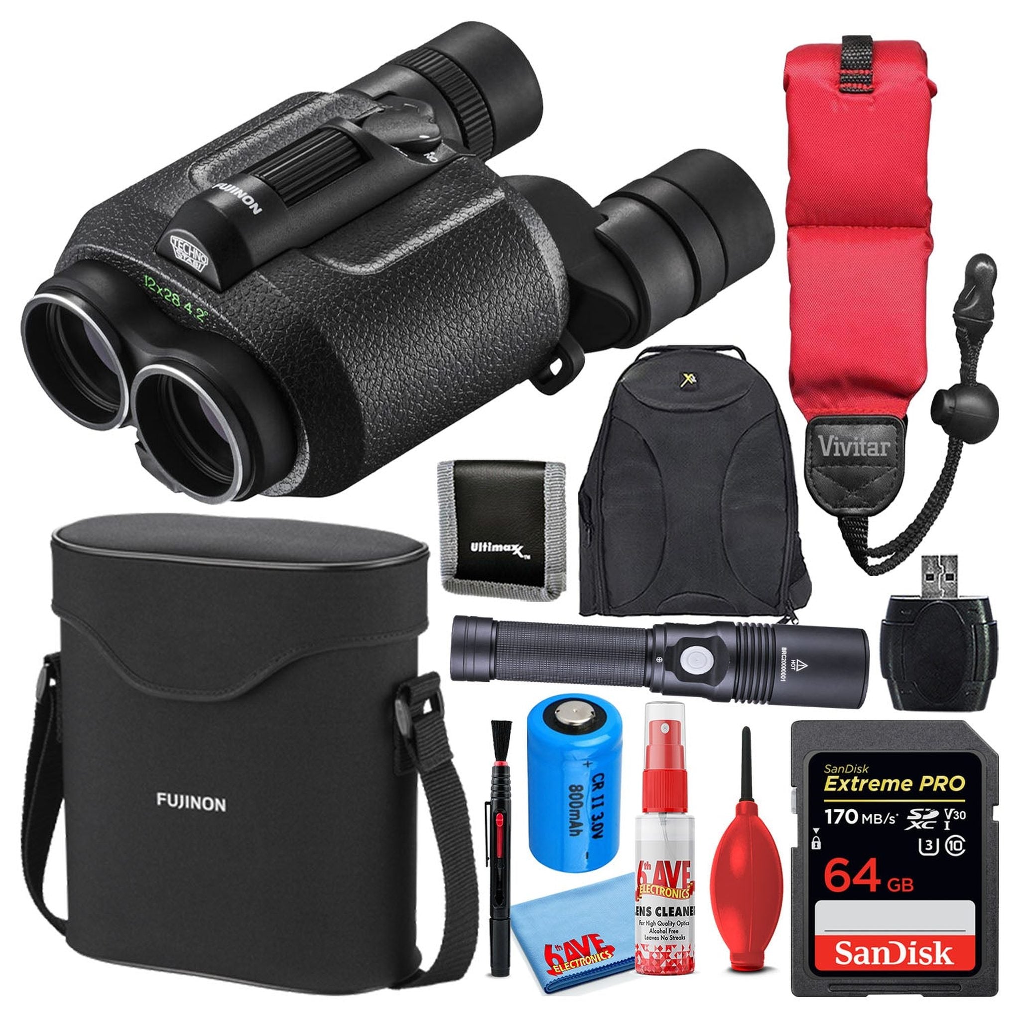 Fujifilm 12x28 TS1228 Techno-Stabi Image-Stabilized Binoculars + 64GB SD Card