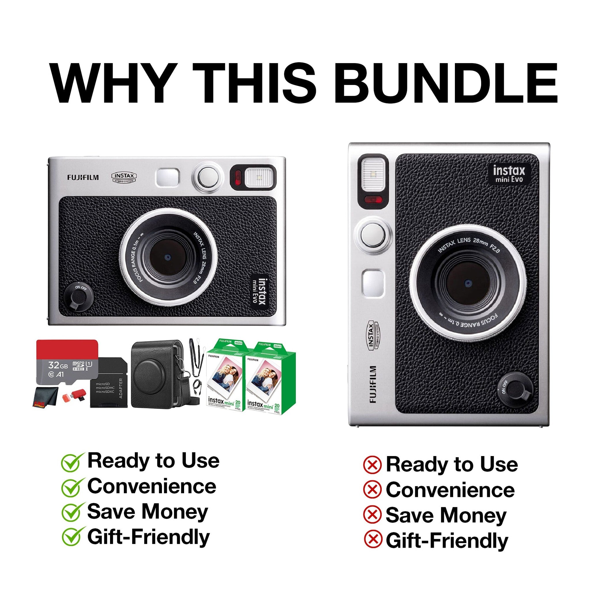 Fujifilm Instax Mini EVO Instant Film Camera Black with 40 Films + 32GB Card