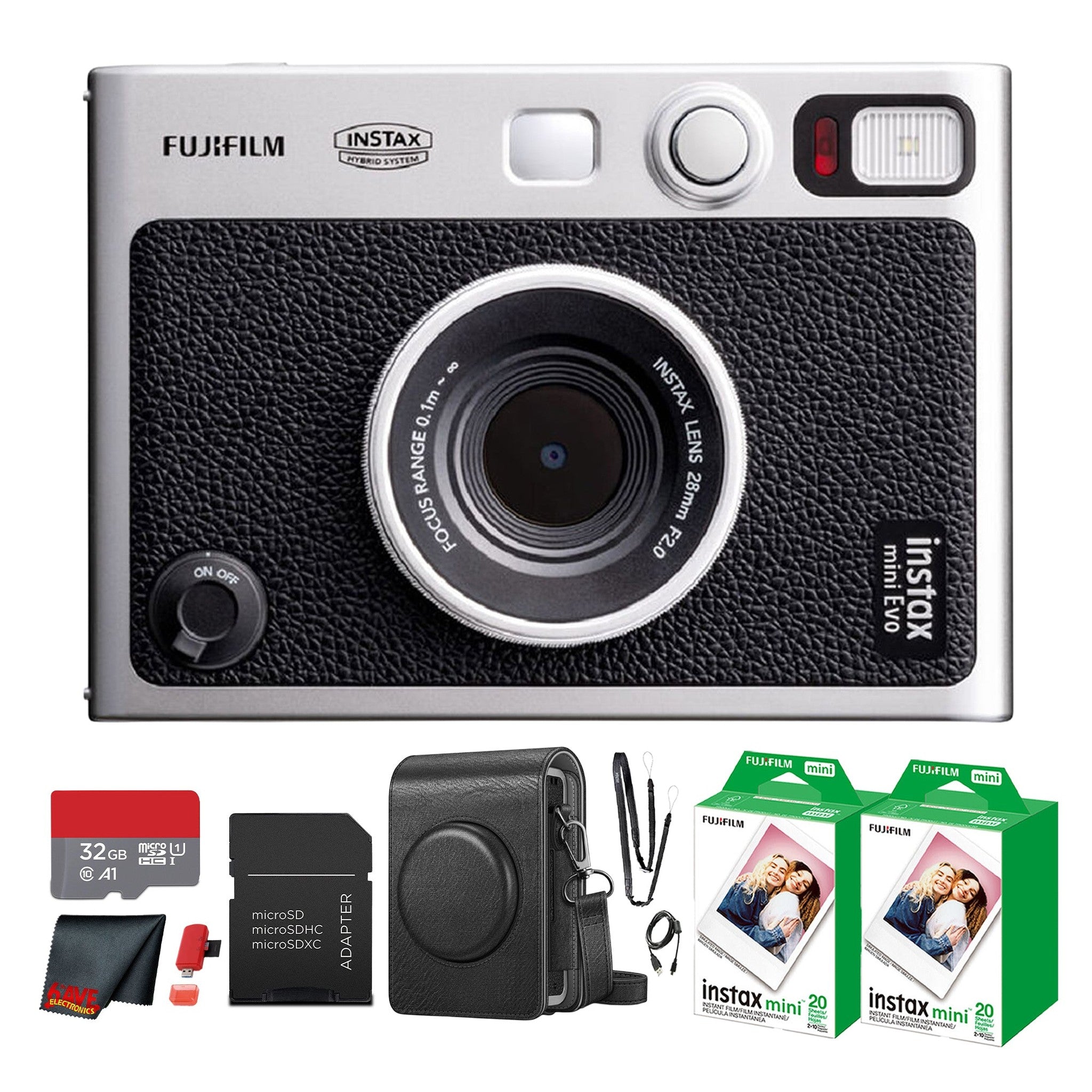 Fujifilm Instax Mini EVO Instant Film Camera Black with 40 Films + 32GB Card