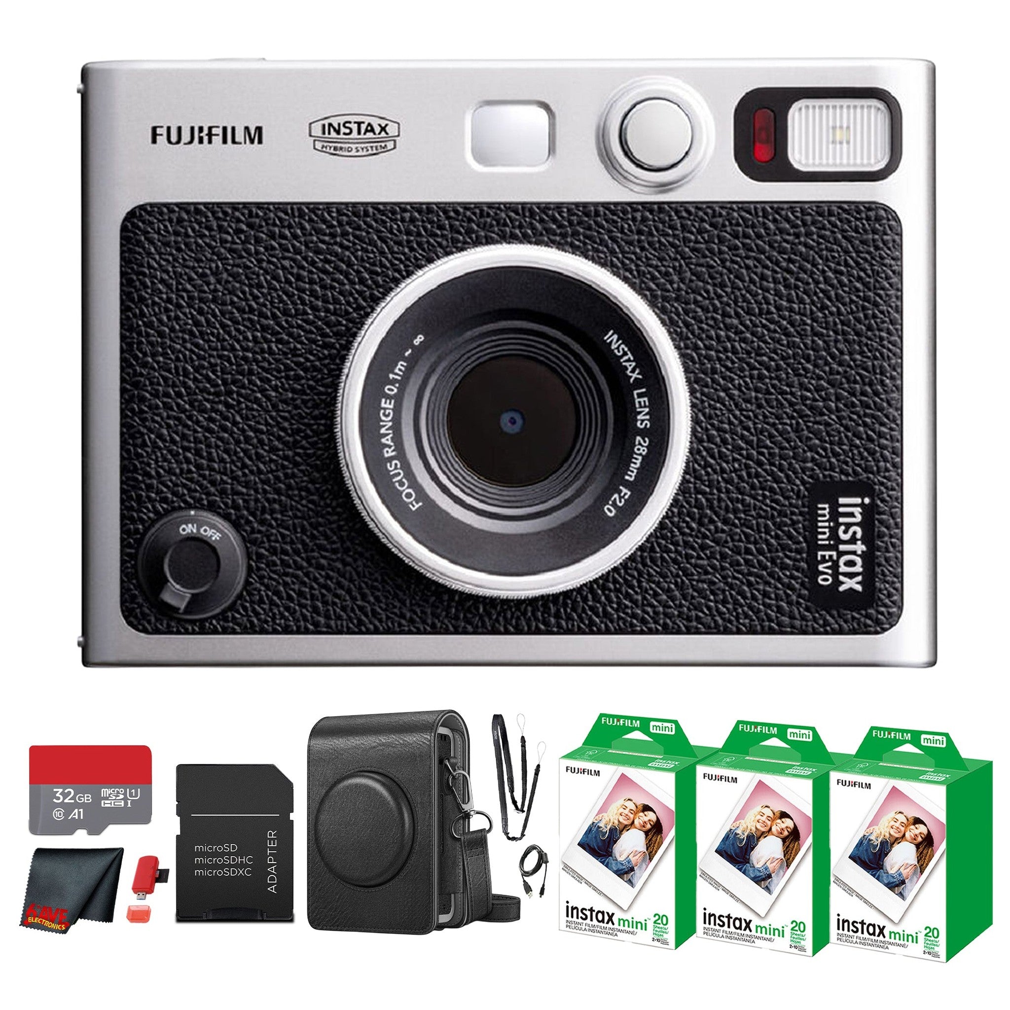 Fujifilm Instax Mini EVO Instant Film Camera Black with 60 Films + 32GB Card