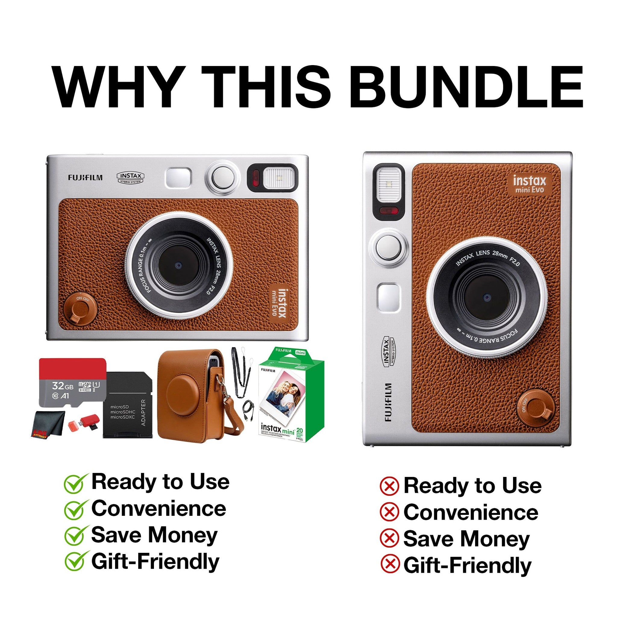 Fujifilm Instax Mini EVO Instant Film Camera Brown with 20 Films + 32GB Card