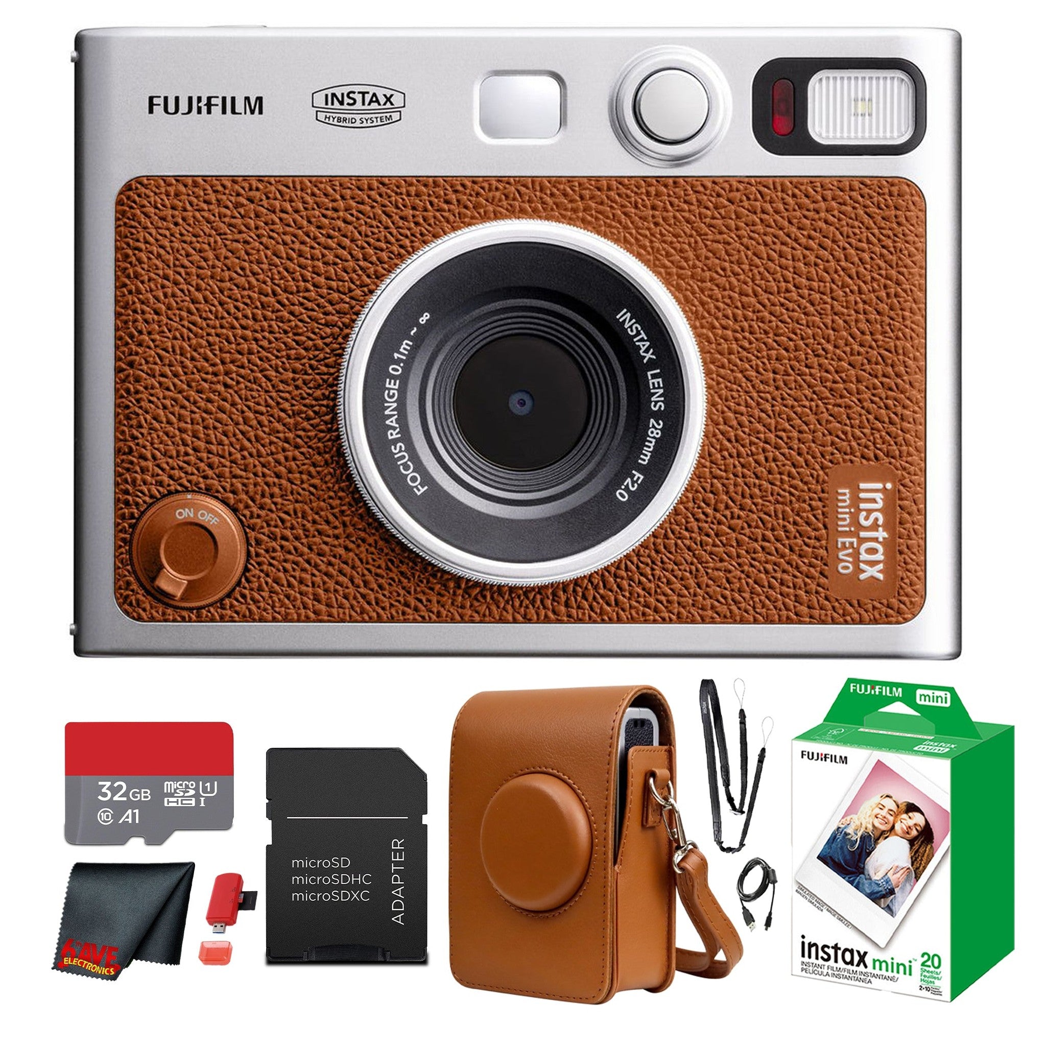 Fujifilm Instax Mini EVO Instant Film Camera Brown with 20 Films + 32GB Card