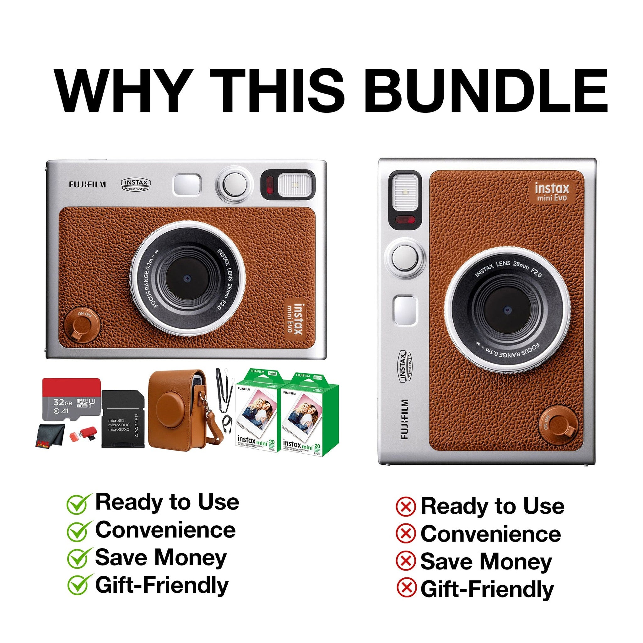 Fujifilm Instax Mini EVO Instant Film Camera Brown with 40 Films + 32GB Card