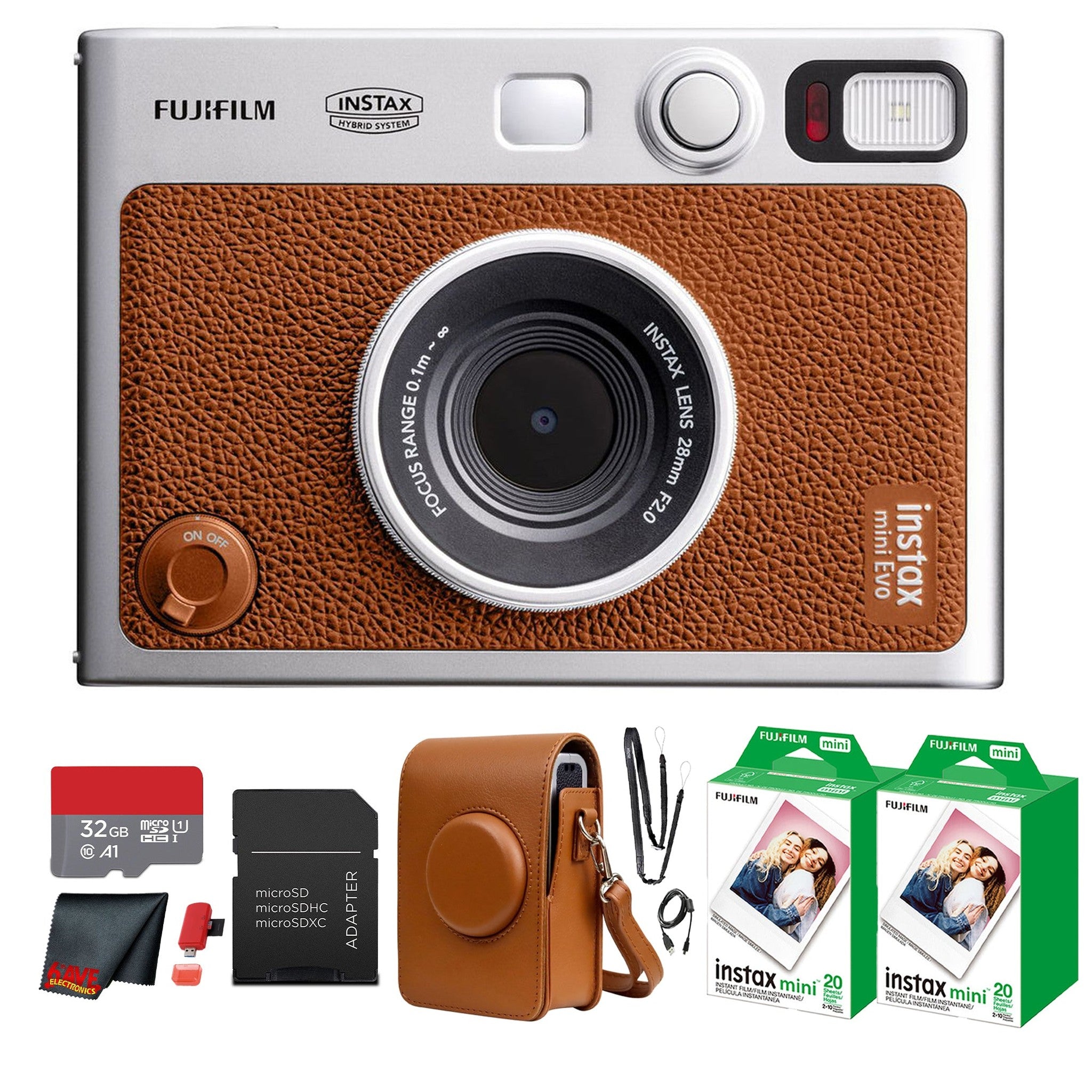 Fujifilm Instax Mini EVO Instant Film Camera Brown with 40 Films + 32GB Card