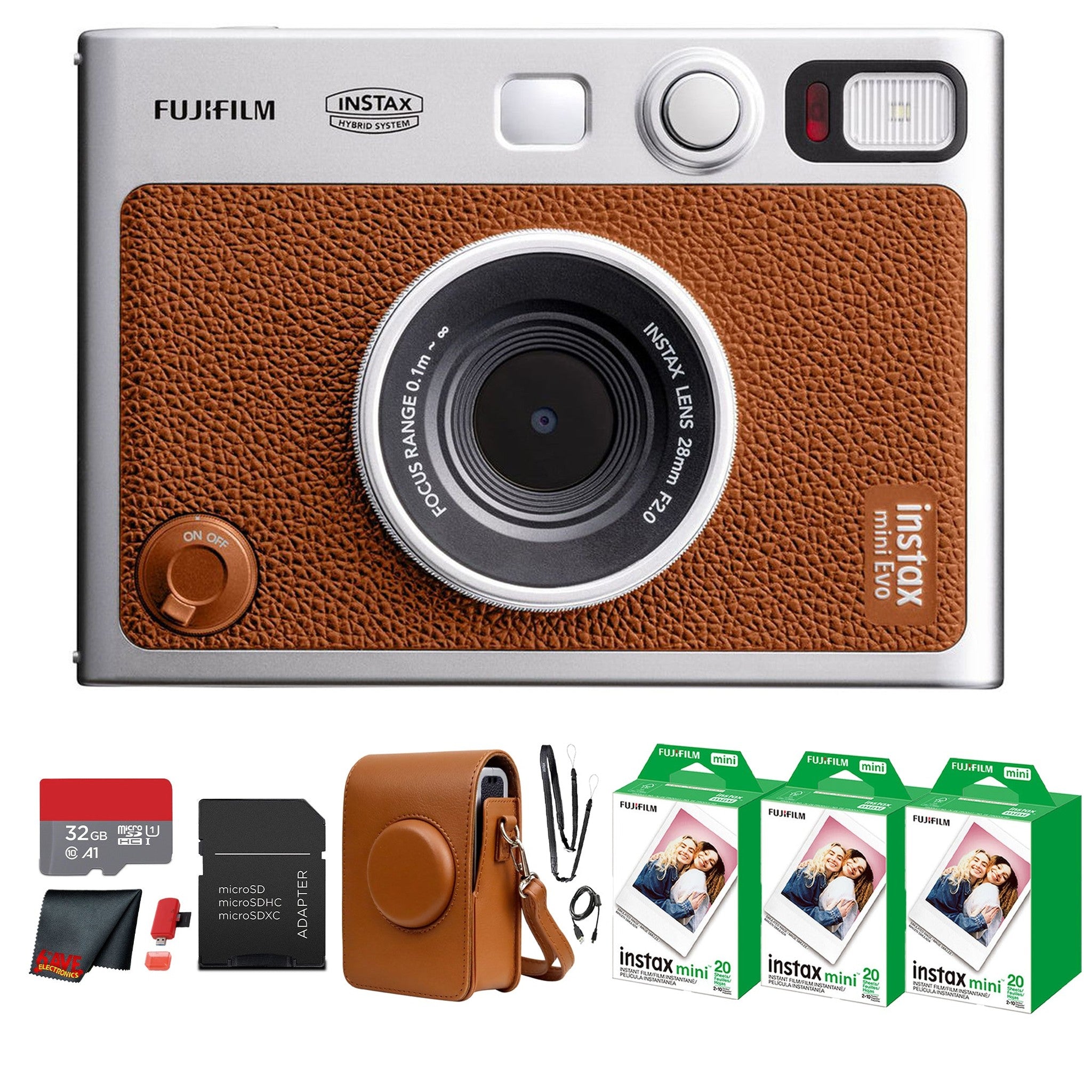 Fujifilm Instax Mini EVO Instant Film Camera Brown with 60 Films + 32GB Card