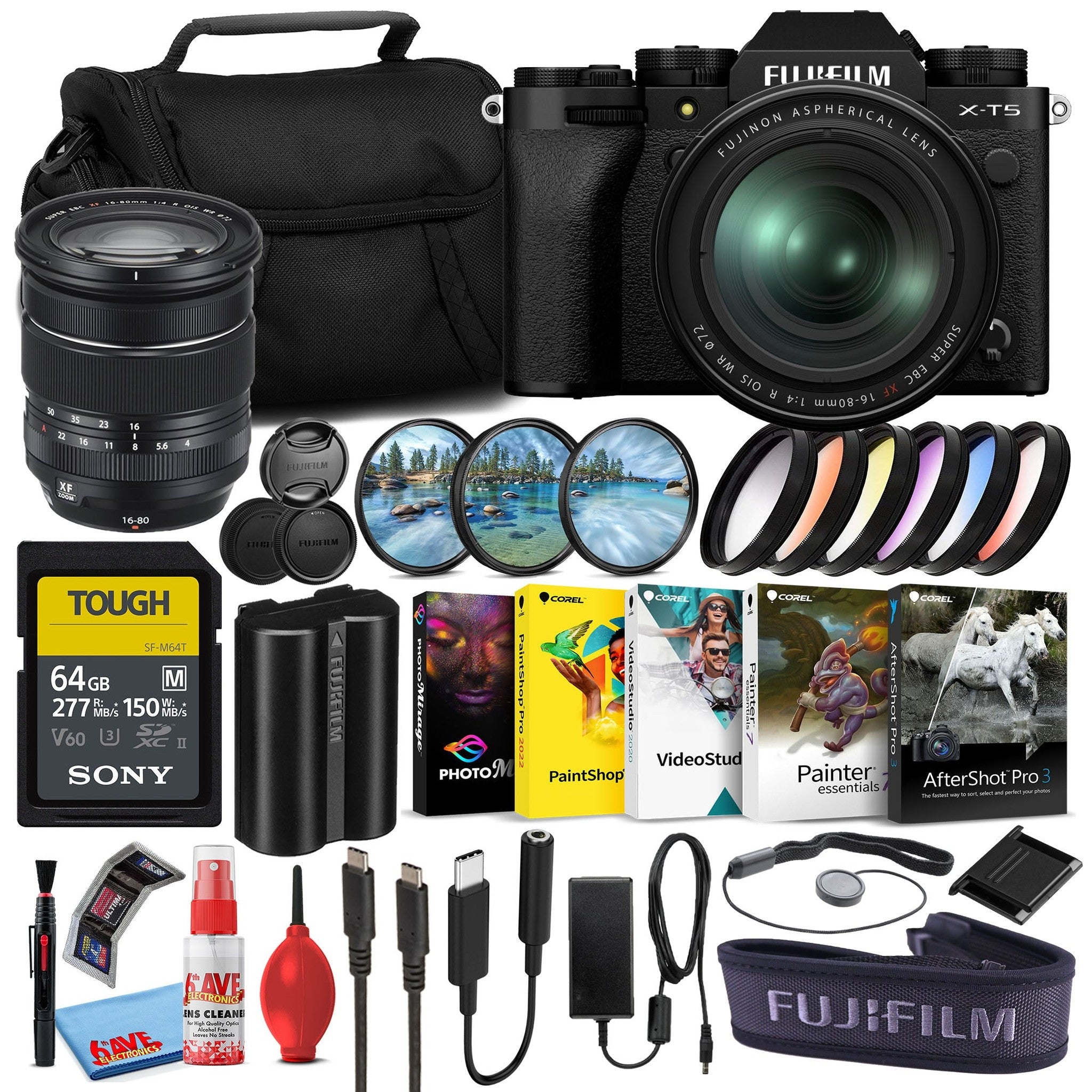 Fujifilm X-T5 Mirrorless Camera with 16-80mm Lens Black Sony 64GB Card Bundle Fujifilm