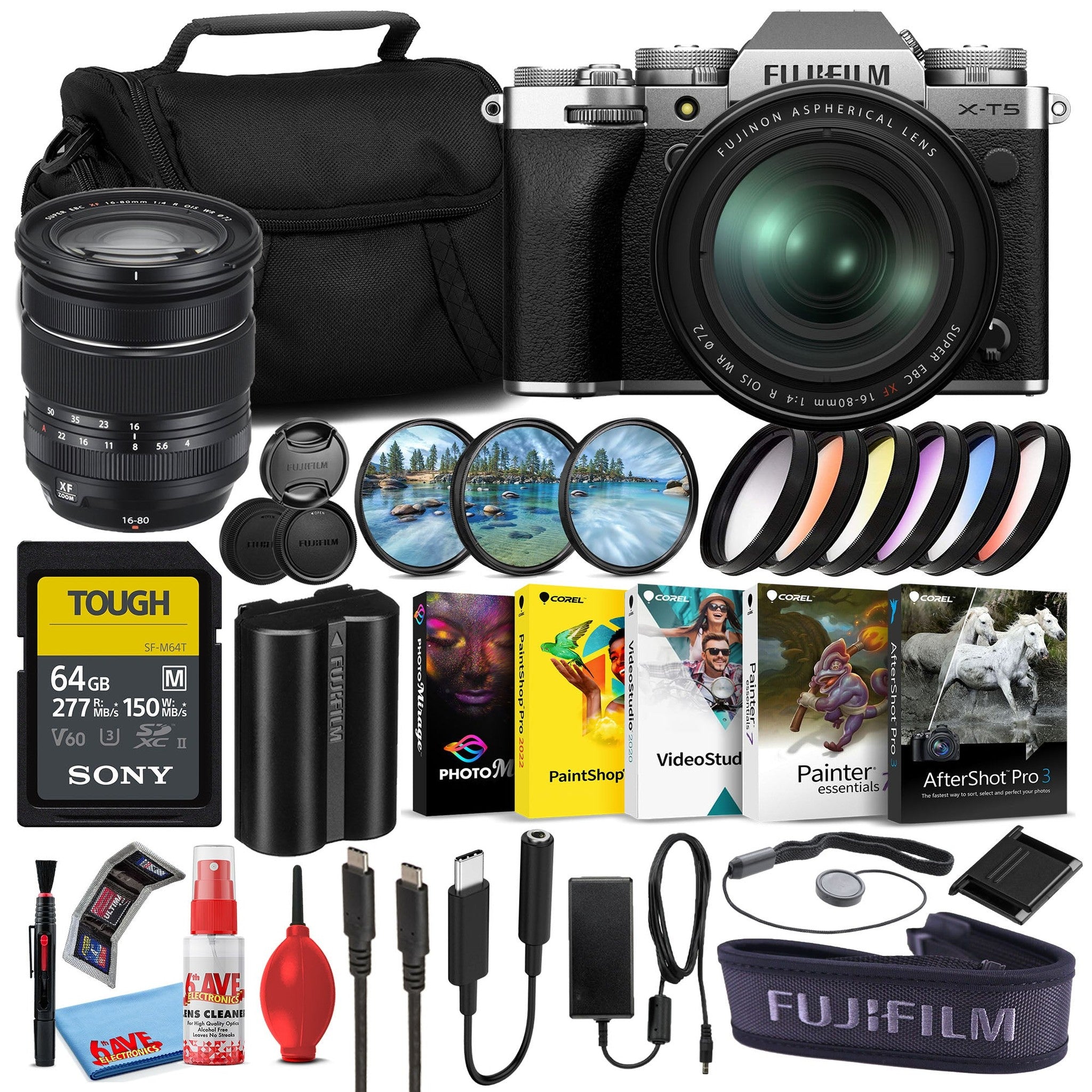 Fujifilm X-T5 Mirrorless Camera with 16-80mm Lens Silver Sony 64GB Card Bundle Fujifilm