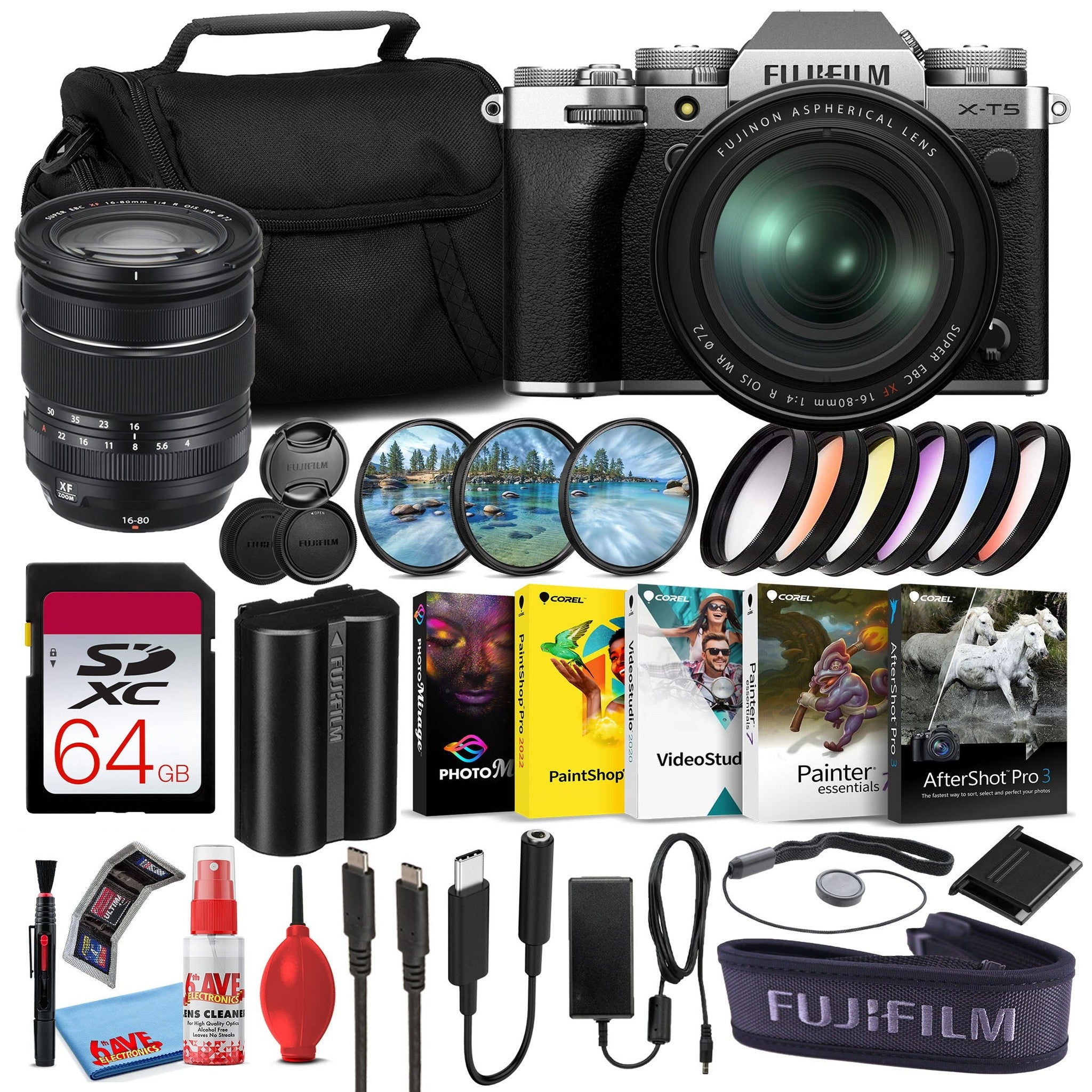 Fujifilm X-T5 Mirrorless Camera with 16-80mm Lens Silver Sony 64GB Card Bundle
