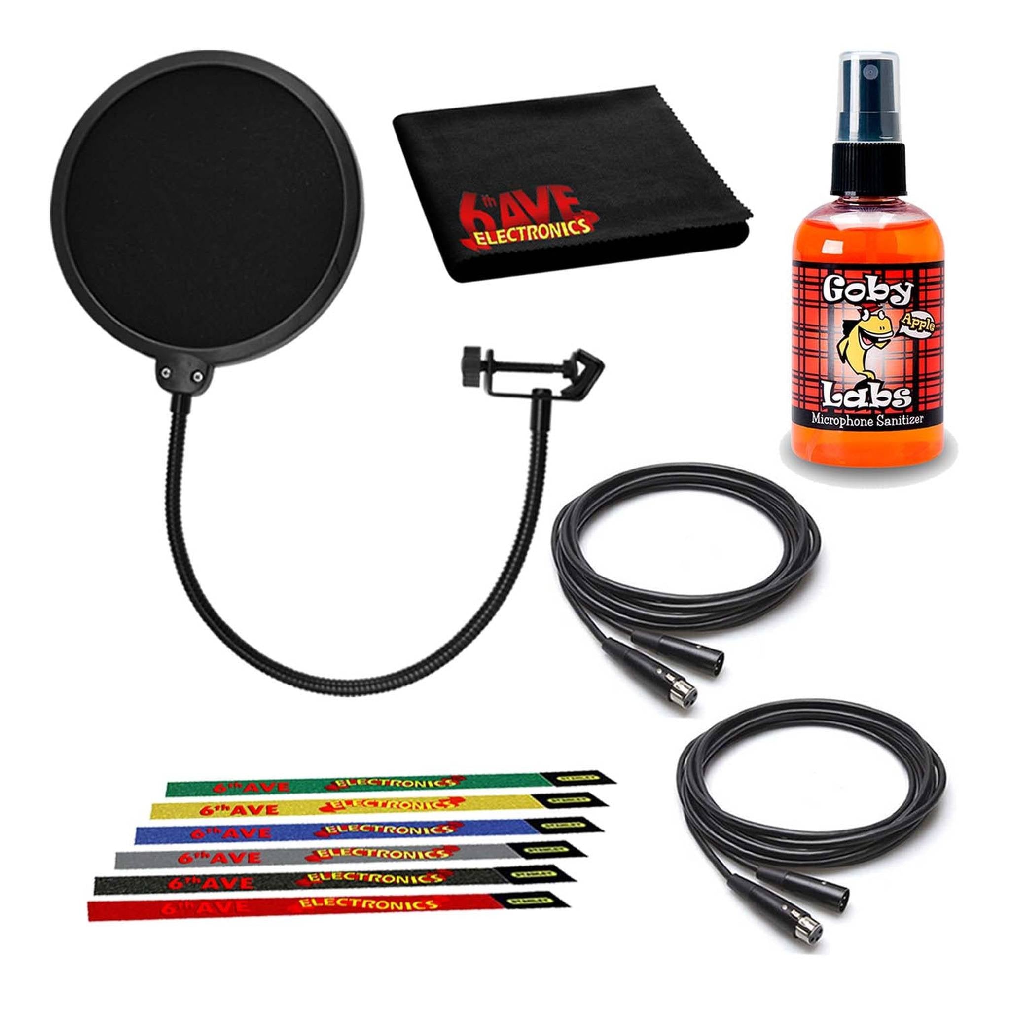 Hosa 10-Foot Balanced XLR Cable 2-Pack Bundle with Pop Filter, 6Ave Cleaning Kit and 5-Pack reusable Cable Ties Hosa