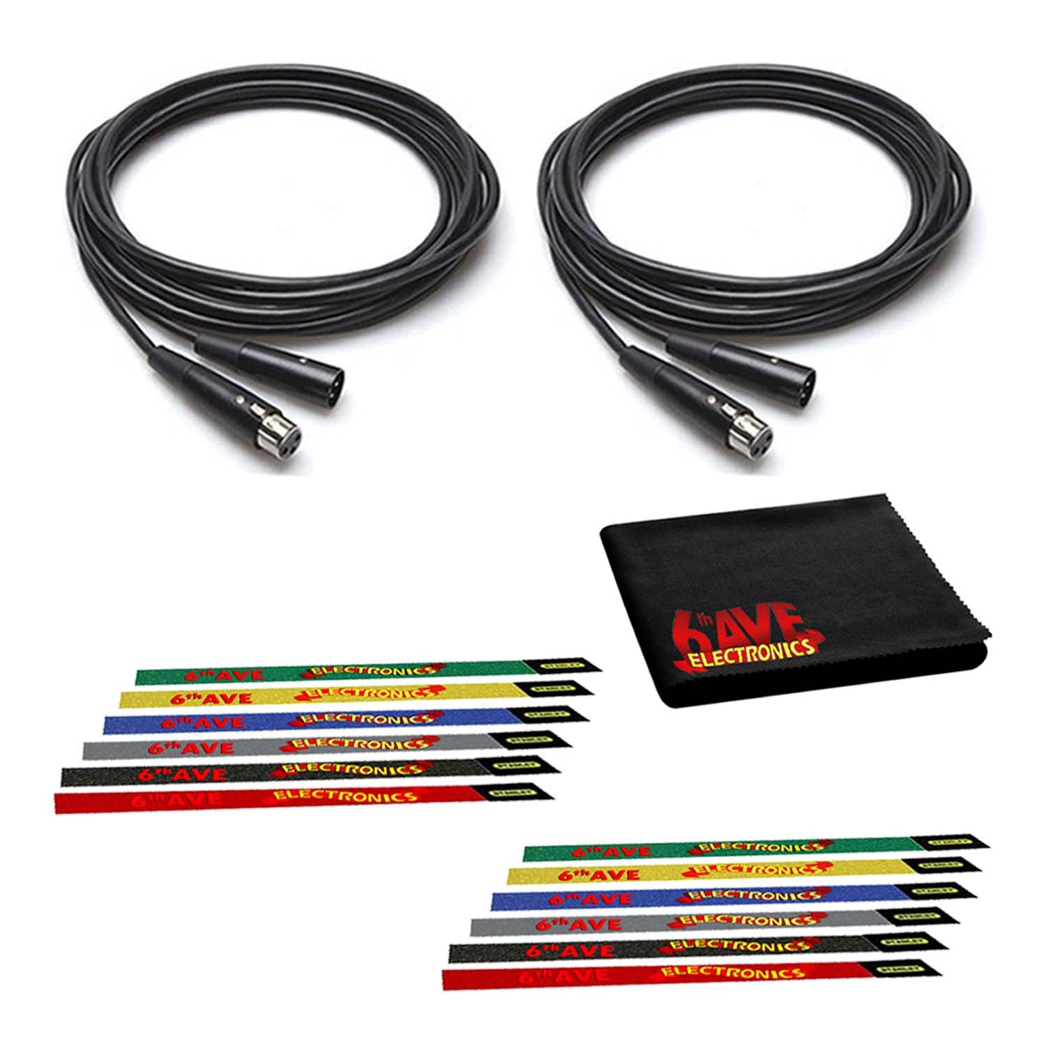 Hosa 10-Foot XLR cable 2-Pack Bundled with Ten 10 Reusable Cable Ties and 6Ave Cleaning Cloth