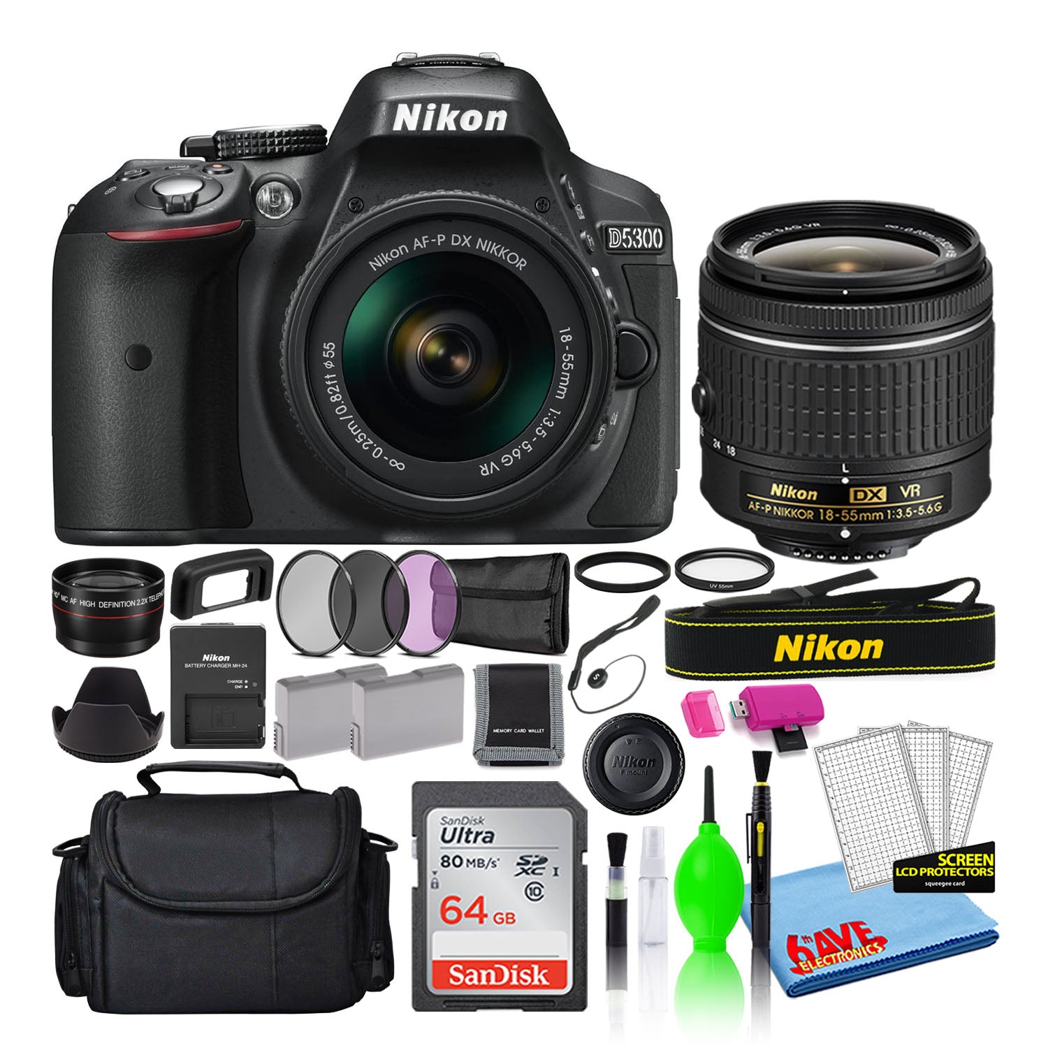 Nikon D5300 Digital Camera with 18-55mm Lens Black, 1519 + 64GB SD Card Intl