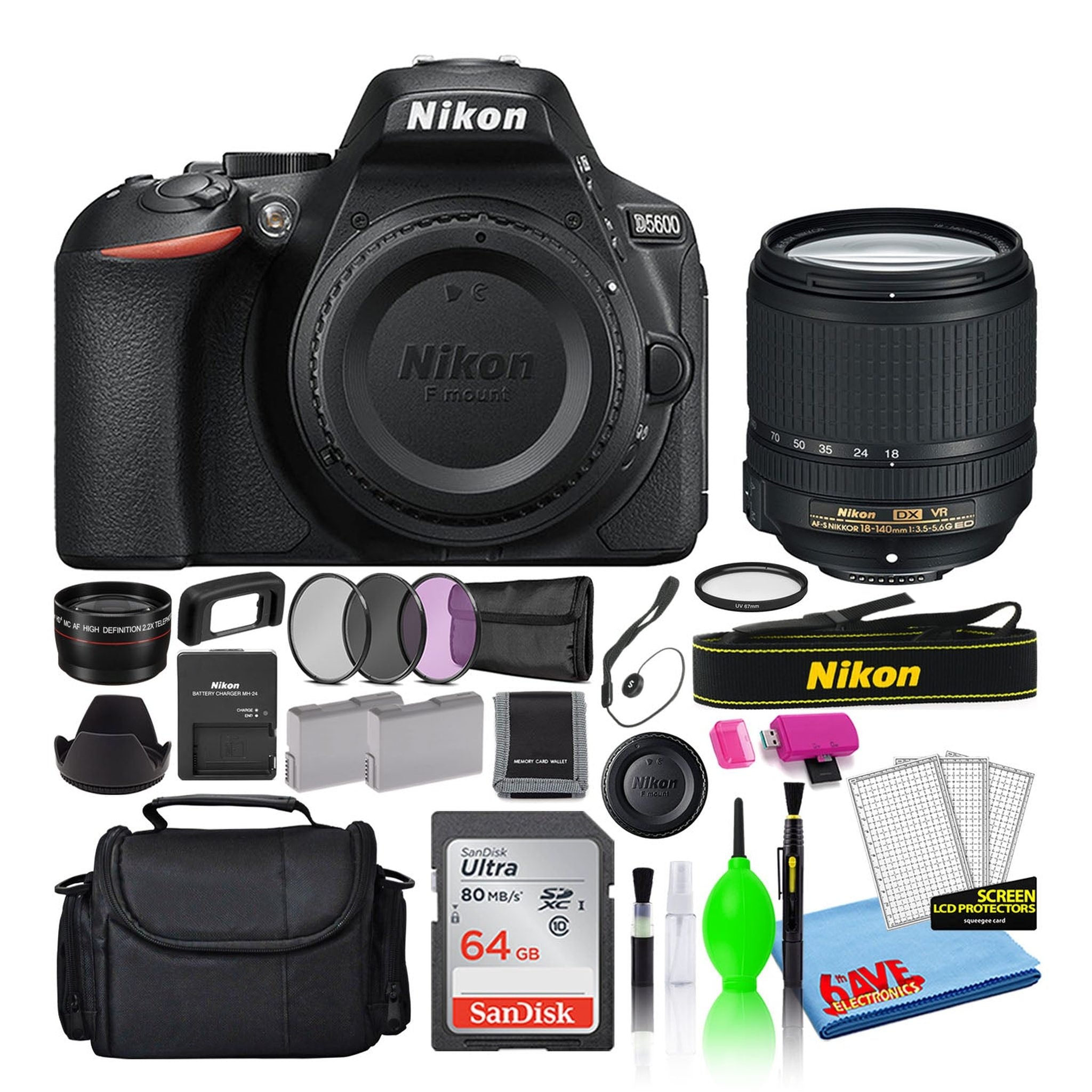 Nikon D5600 Digital Camera with 18-140mm Lens 1577 + 64GB SD Card + Bag Intl - Reconditioned Nikon