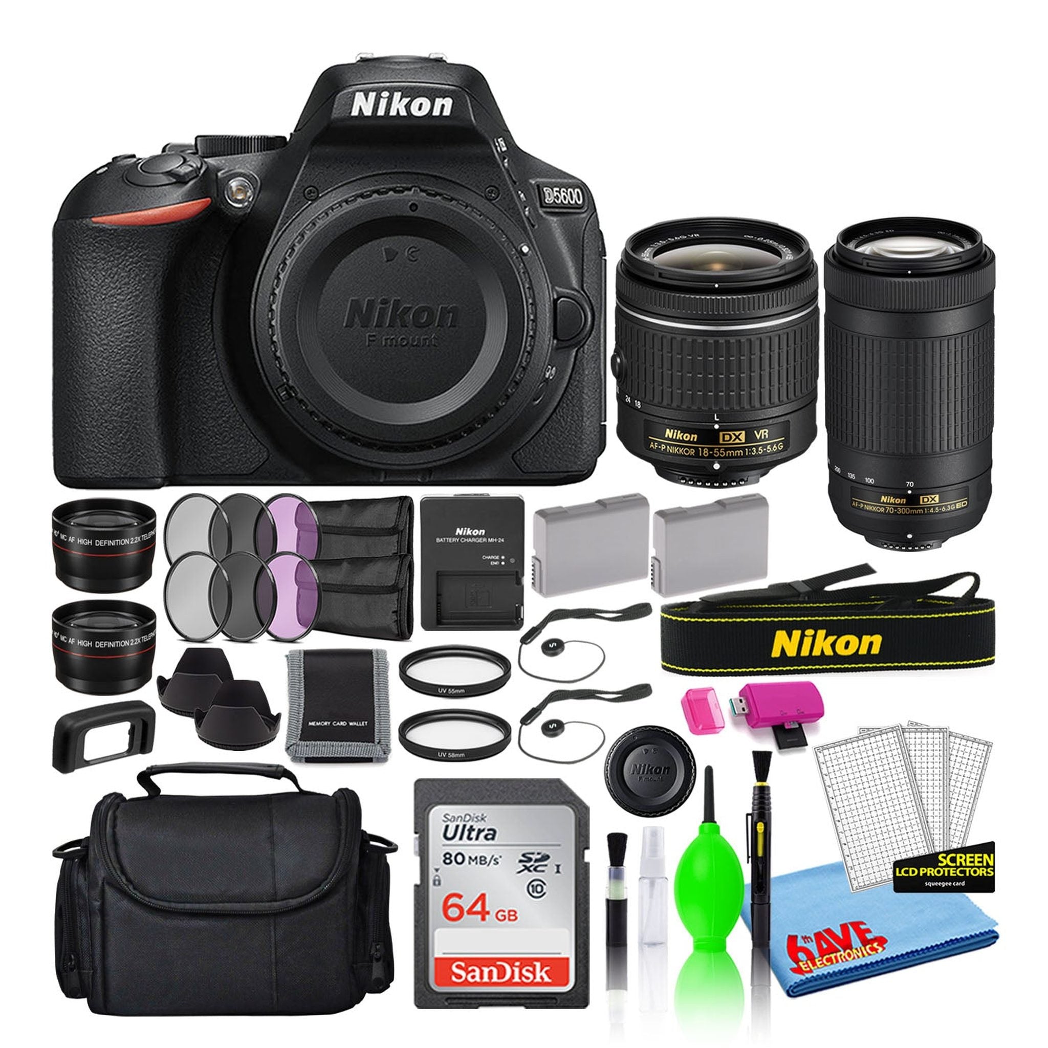 Nikon D5600 Digital Camera with Dual Lenses 1580 + 64GB SD Card + Bag Intl Nikon
