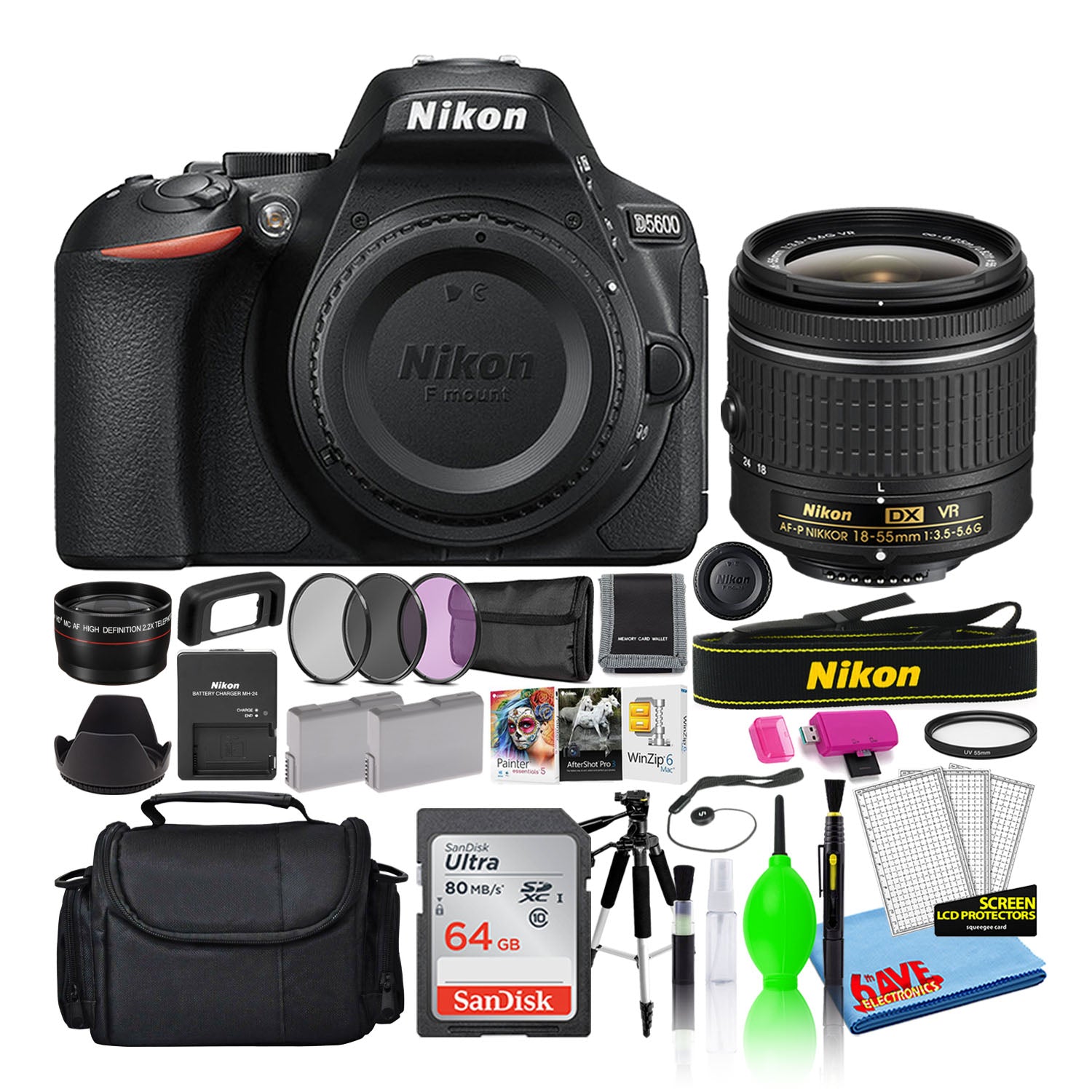 Nikon D5600 Digital Camera with 18-55mm Lens (1576) + SD Card + Software (Intl)