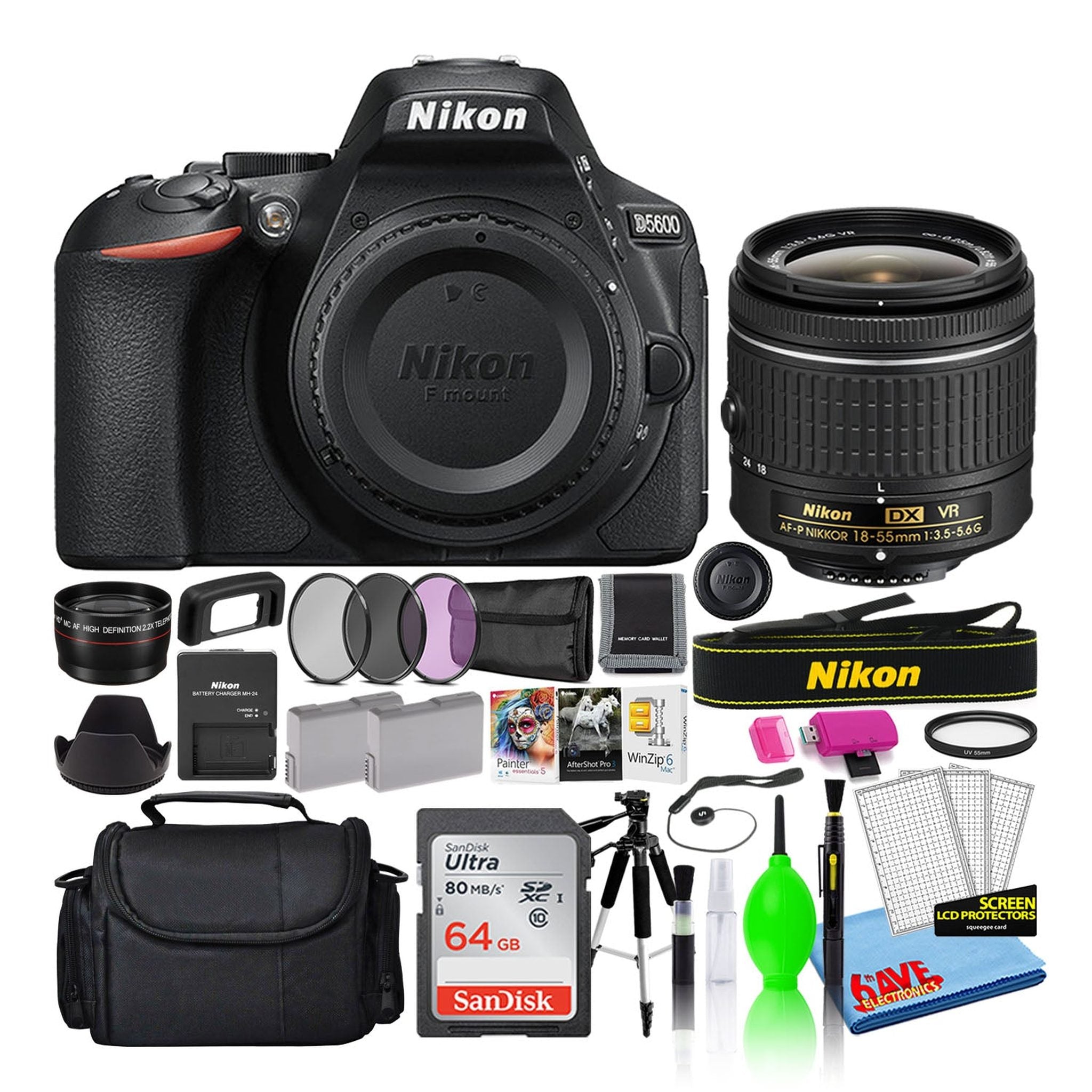 Nikon D5600 Digital Camera with 18-55mm Lens 1576 + SD Card + Software Intl - Reconditioned Nikon