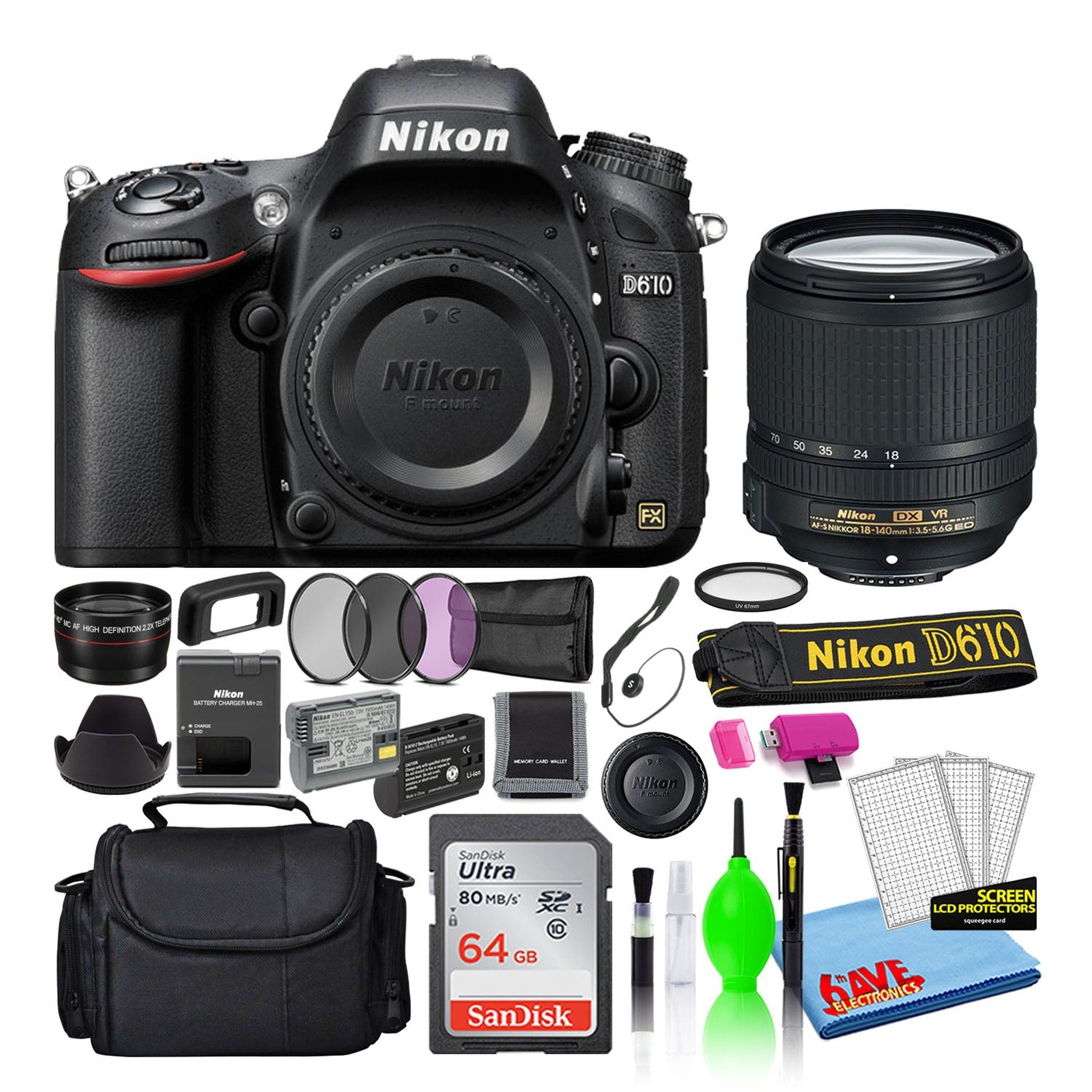 Nikon D610 Digital Camera with 18-140mm Lens 1540 + 64GB SD Card + Bag Intl - Reconditioned Nikon