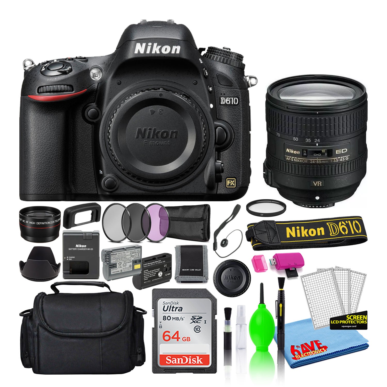 Nikon D610 Digital Camera with 24-85mm Lens 1540 + 64GB SD Card + Bag Intl