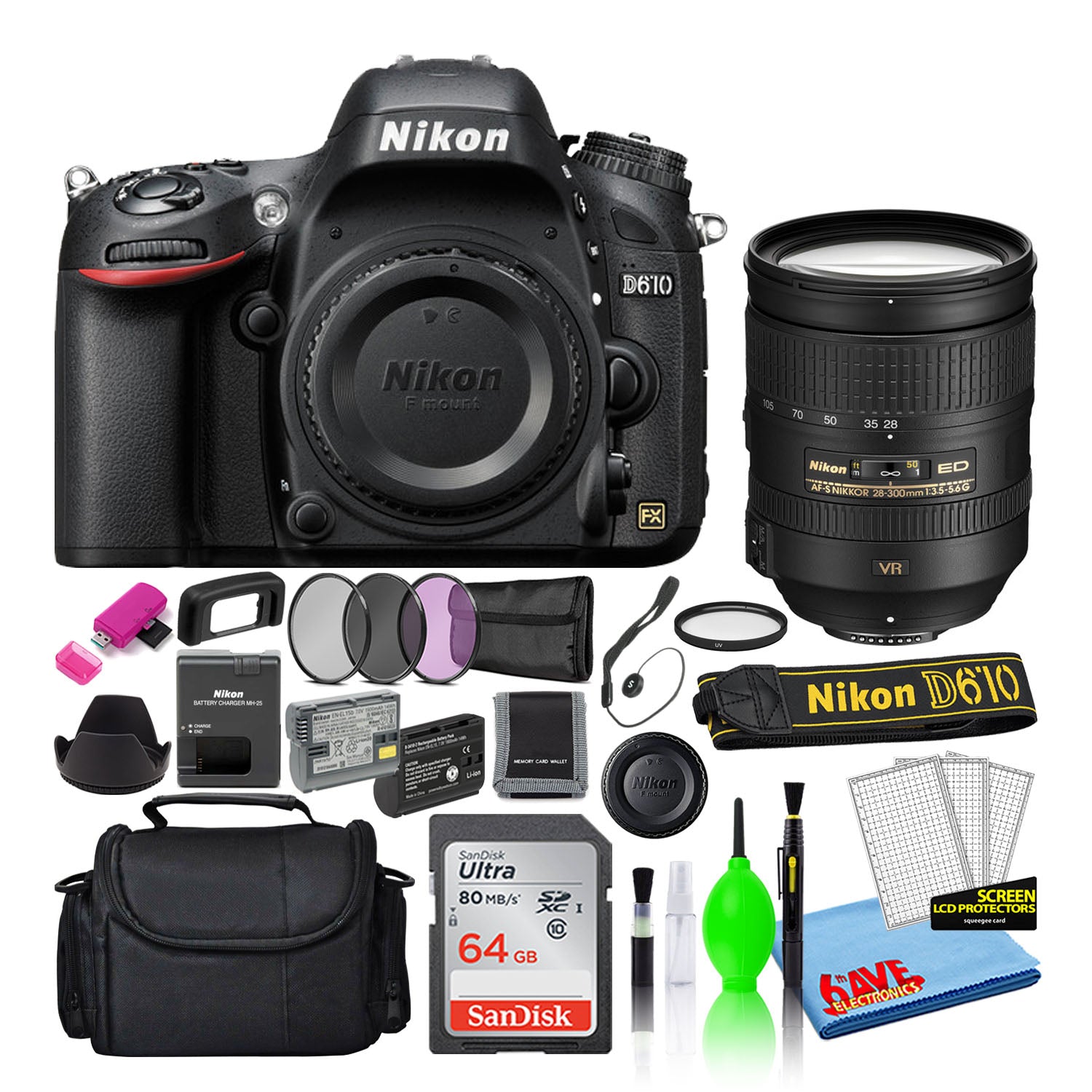 Nikon D610 Digital Camera with 28-300mm Lens (1540) with 64GB Card + Bag (Intl)