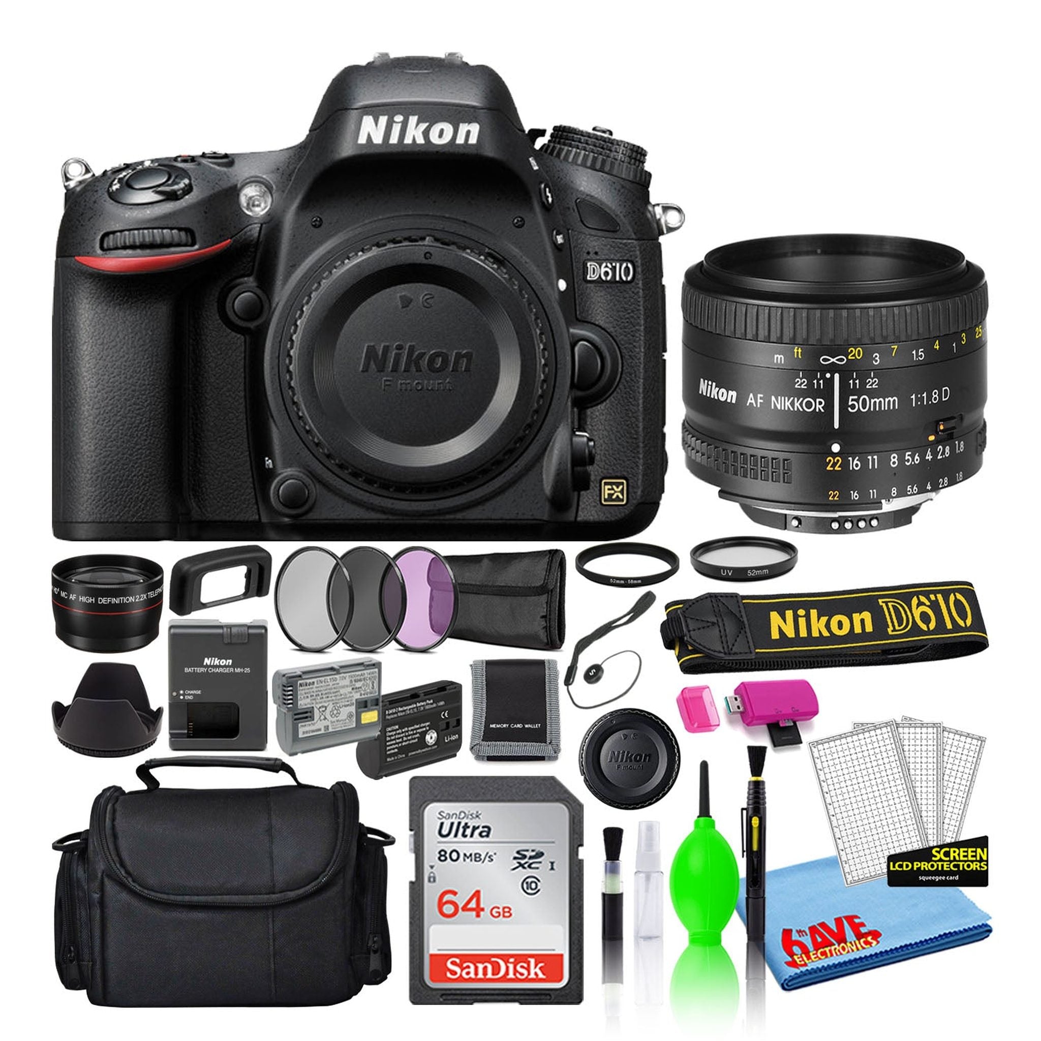 Nikon D610 Digital Camera with 50mm Lens 1540 + 64GB Card + Camera Bag Intl