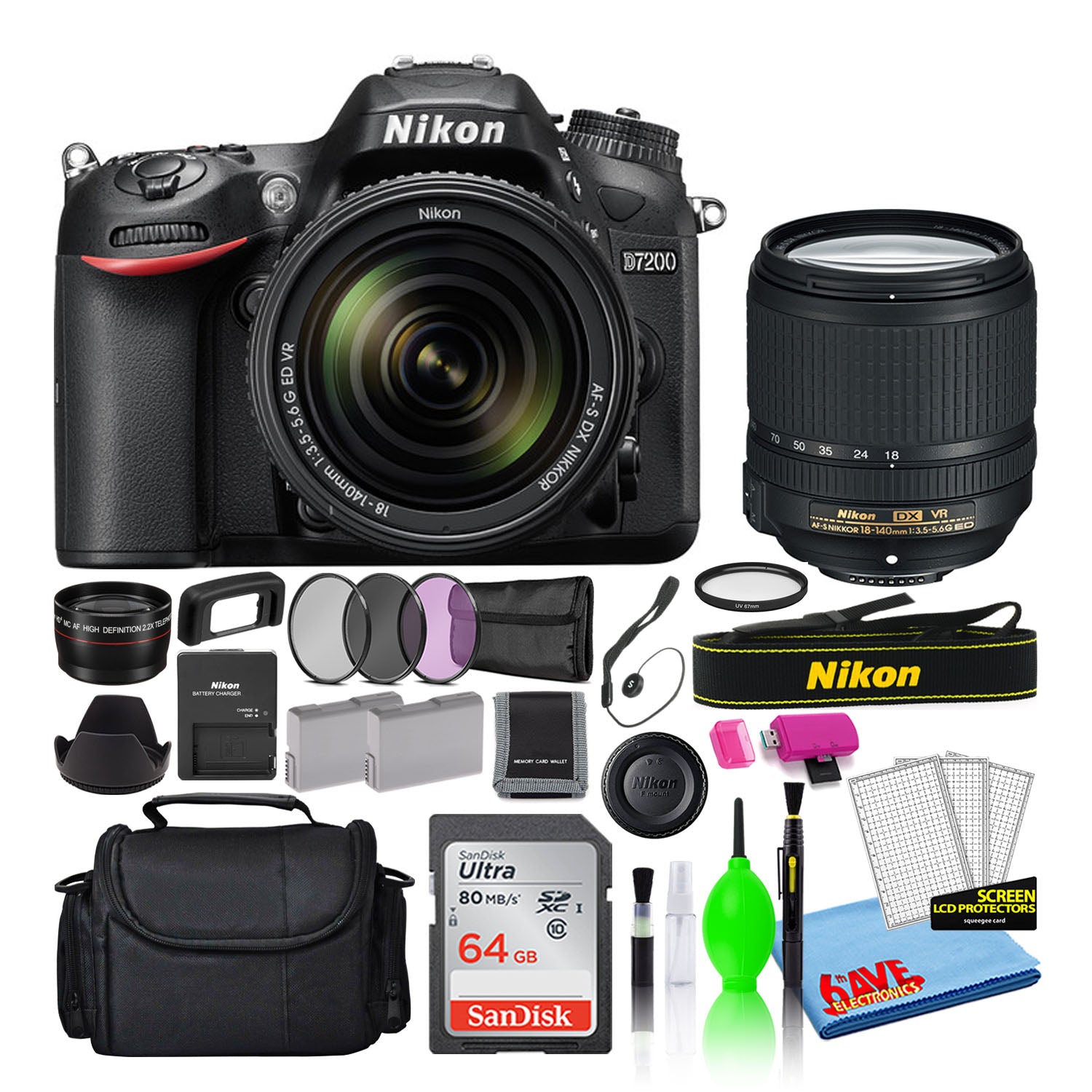 Nikon D7200 Digital Camera with 18-140mm VR Lens (1555) + 64GB Card + Bag (Intl)