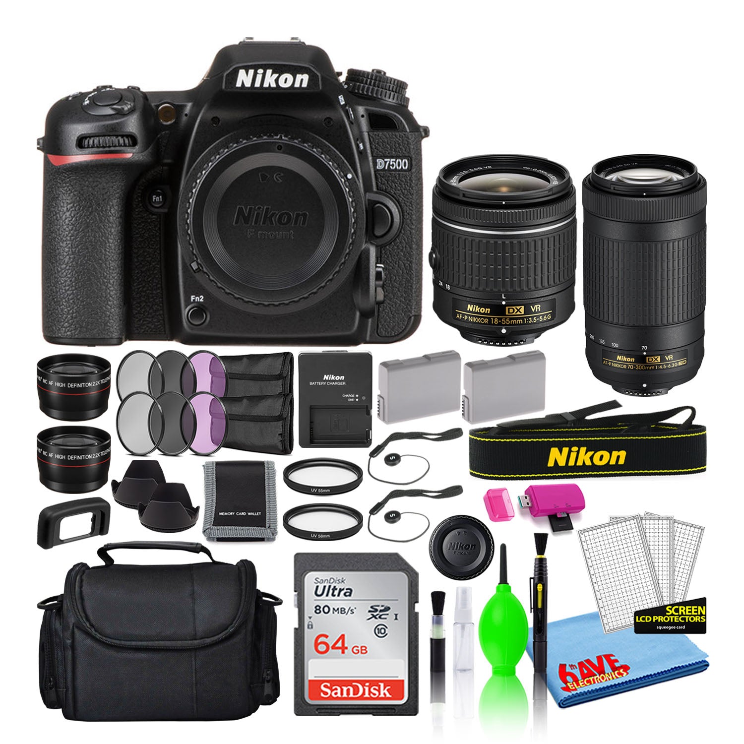 Nikon D7500 Digital Camera with Dual Lenses 13543 + 64GB SD Card + Bag Intl
