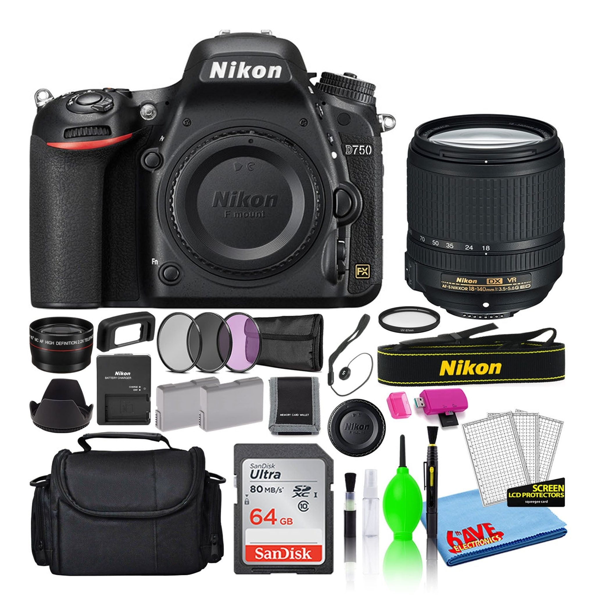 Nikon D750 Digital Camera with 18-140mm VR Lens 1581 + 64GB Card + Bag Intl - Reconditioned Nikon