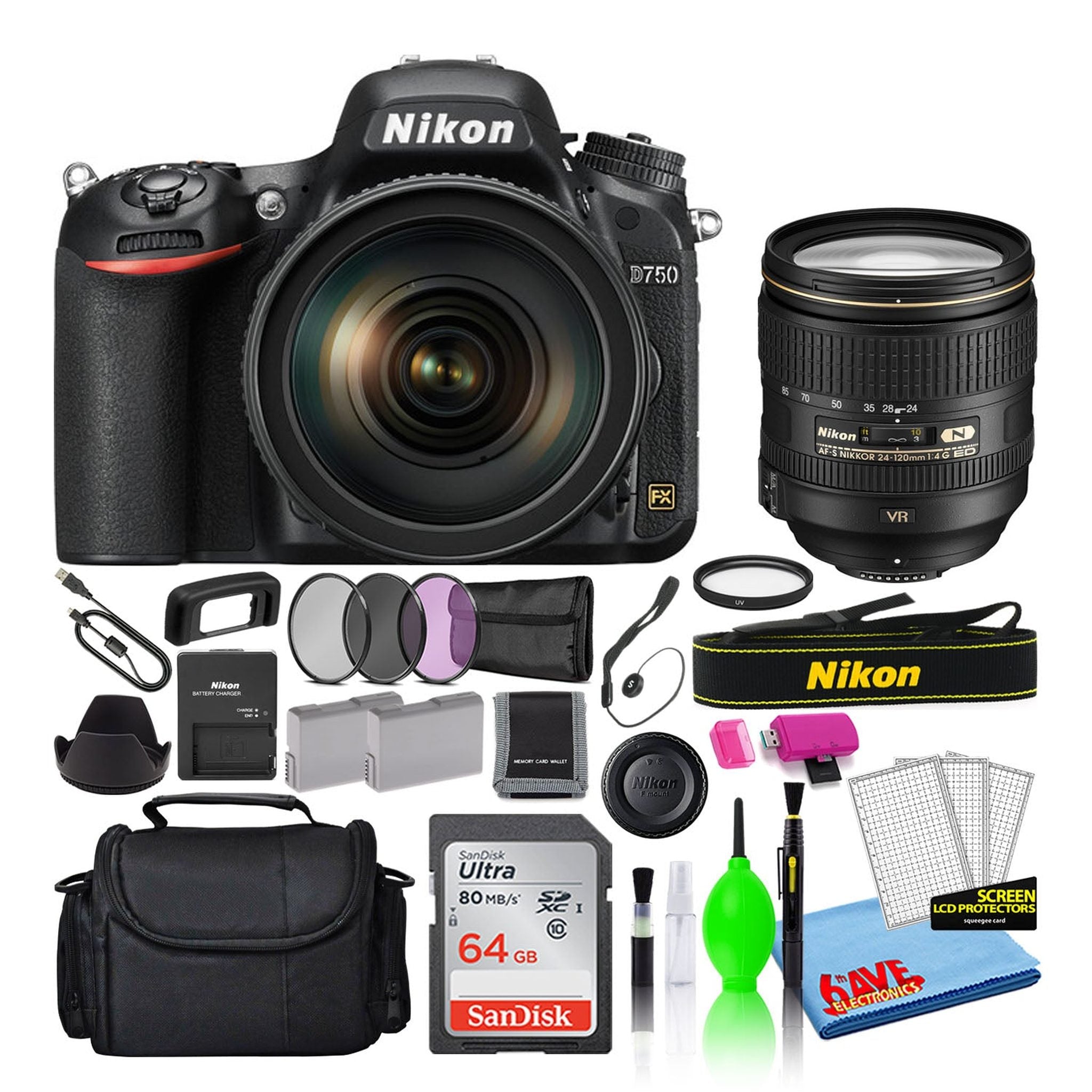 Nikon D750 Digital Camera with 24-120mm VR Lens 1549 + 64GB Card + Bag Intl - Reconditioned Nikon
