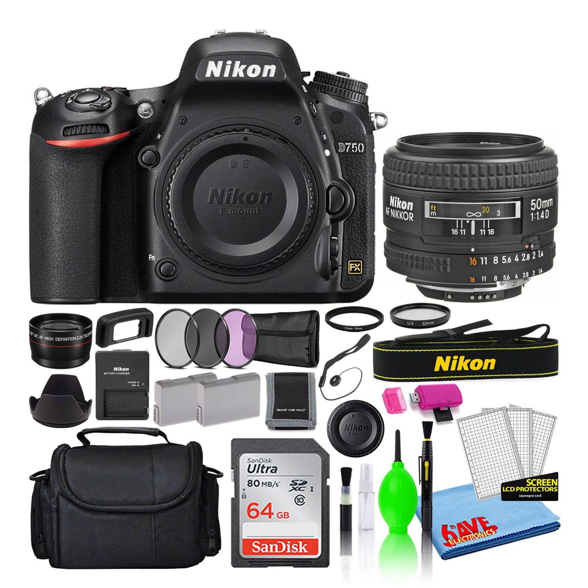 Nikon D750 Digital Camera with 50mm f/1.4D Lens 1543 + 64GB Card + Bag Intl - Reconditioned Nikon