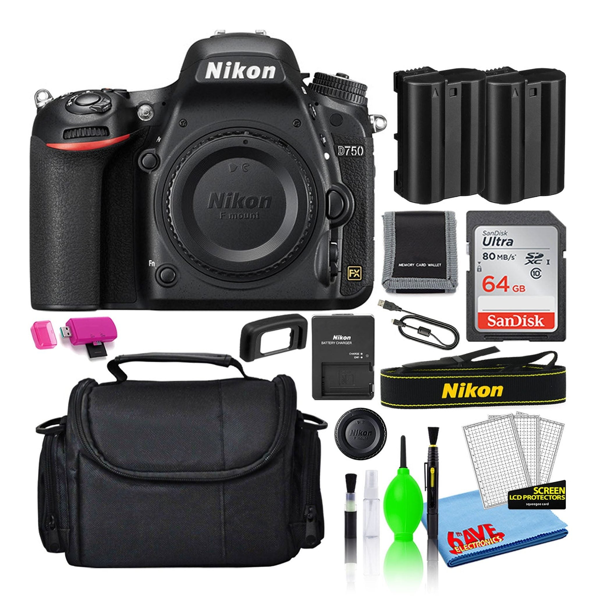 Nikon D750 Digital Camera Body Only 1543 + 64GB SD Card + Camera Bag Intl - Reconditioned Nikon