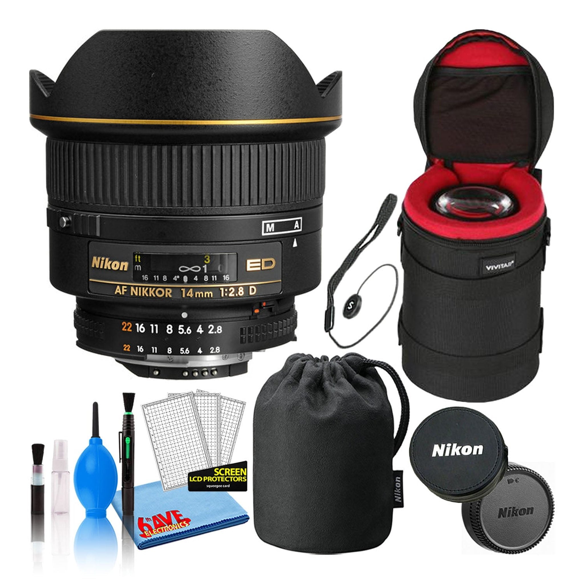 Nikon AF 14mm f/2.8D ED Wide-Angle Prime Lens 1925 Intl Model Bundle - Reconditioned Nikon