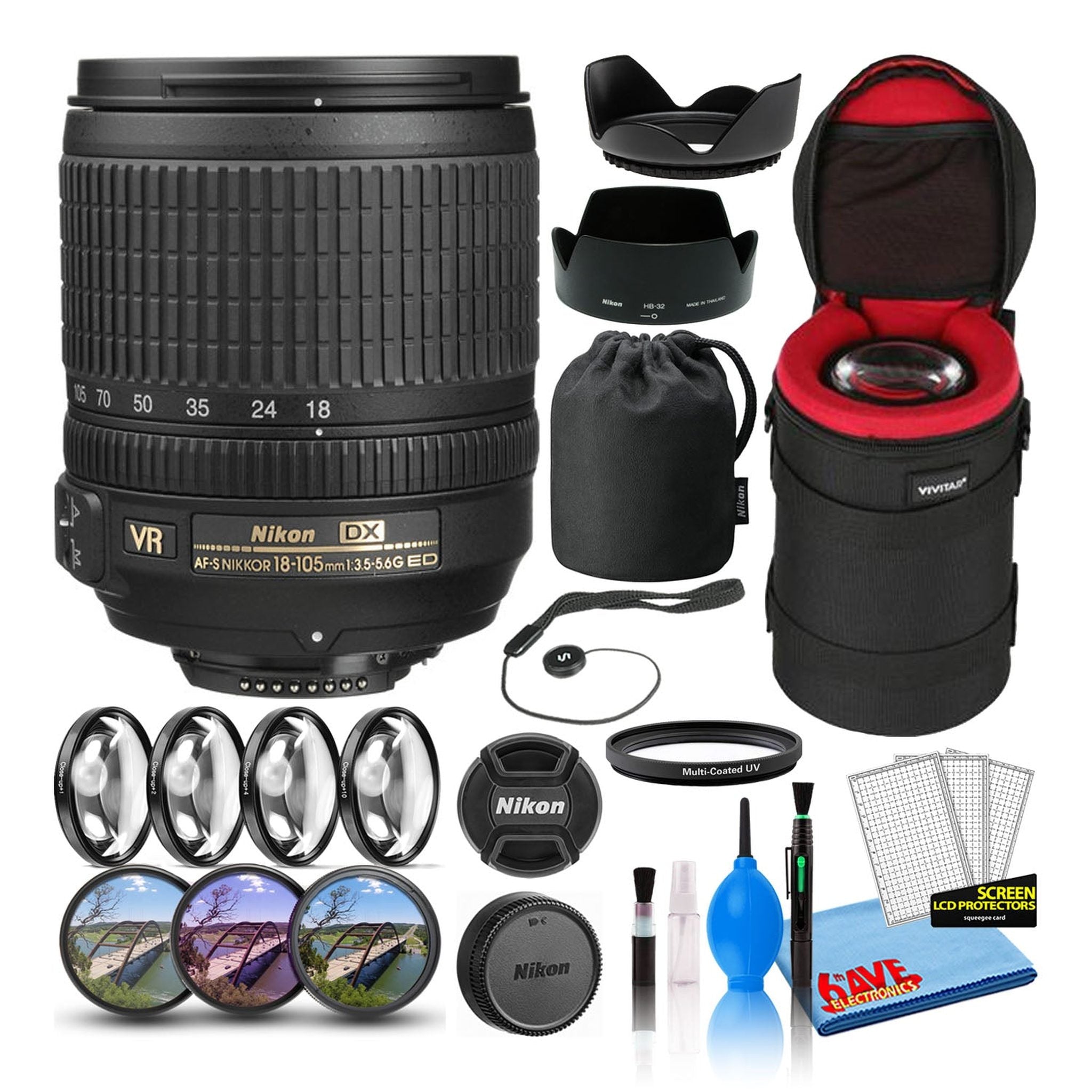 Nikon AF-S DX 18-105mm f/3.5-5.6G ED VR Lens 2179 Intl Model Bundle - Reconditioned Nikon