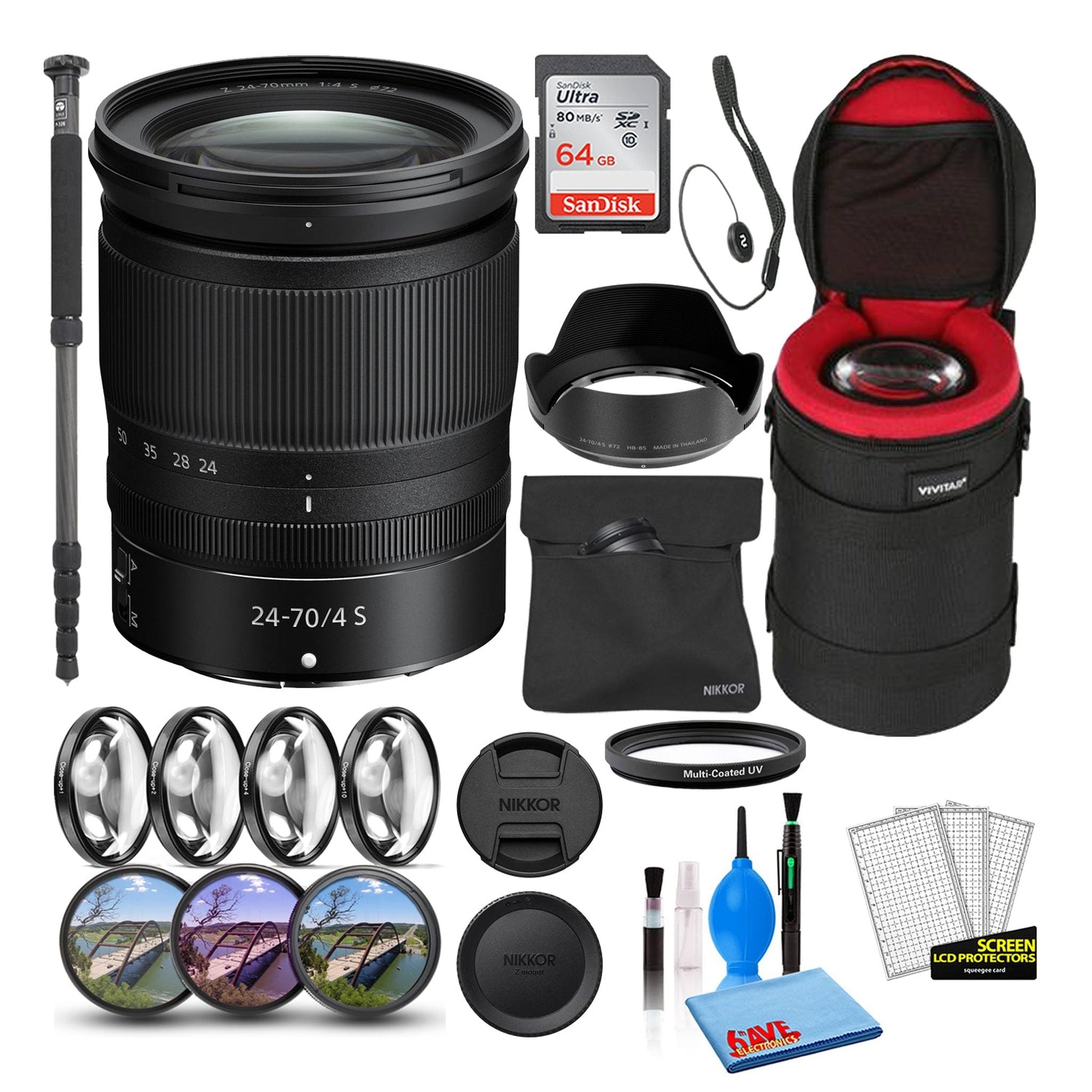 Nikon NIKKOR Z 24-70mm f/4 S Zoom Lens 20072 Intl Model Bundle + 64GB SD Card - Reconditioned Nikon