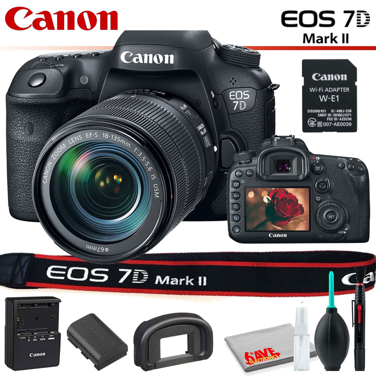 Canon EOS 7D Mark II DSLR Camera (Intl Model) with 18-135mm Lens & W-E1 Wi-Fi Adapter With Cleaning Kit