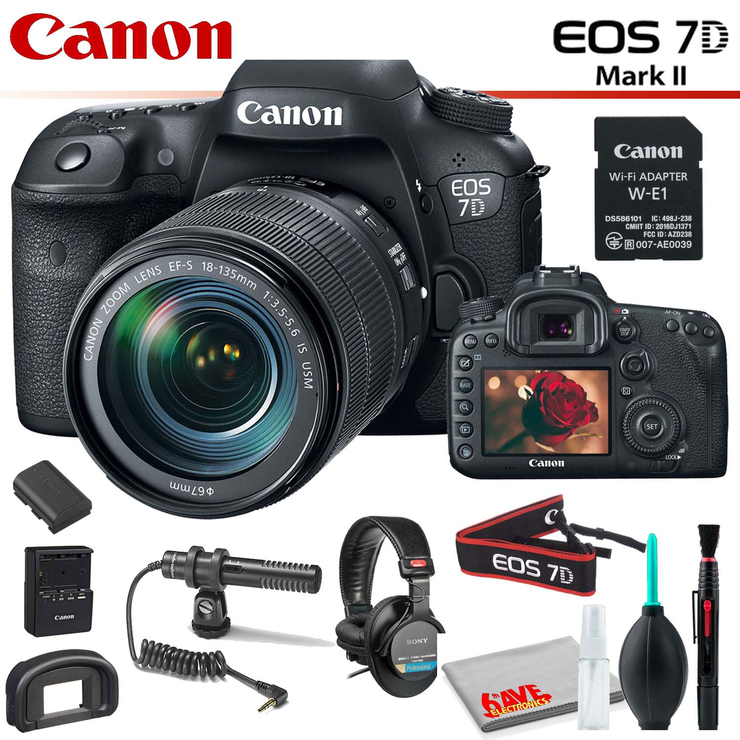 Canon EOS 7D Mark II DSLR Camera (Intl Model) with 18-135mm Lens & W-E1 Wi-Fi Adapter With Studio Headphones