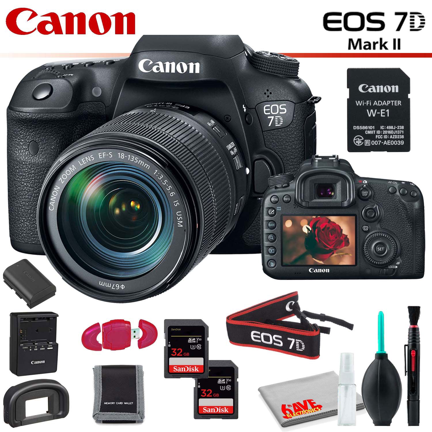 Canon EOS 7D Mark II DSLR Camera with 18-135mm Lens & W-E1 Wi-Fi Adapter With Memory Card Kit and Cleaning Kit