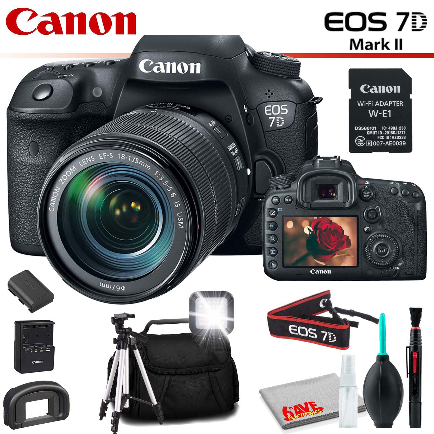 Canon EOS 7D Mark II DSLR Camera with 18-135mm Lens & W-E1 Wi-Fi Adapter With Backpack, Tripod and LED Light and Cleaning Kit