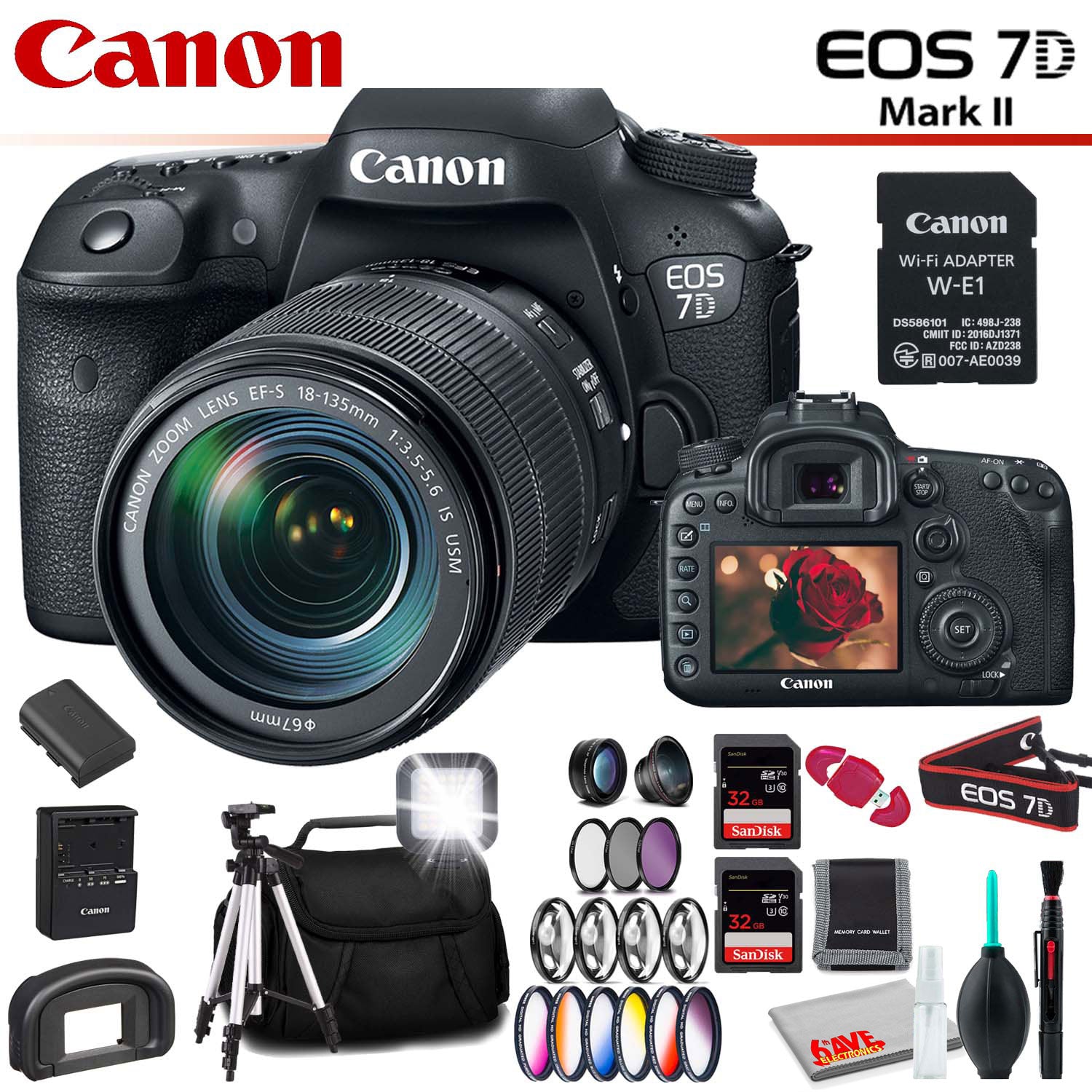 Canon EOS 7D Mark II DSLR Camera with 18-135mm Lens & W-E1 Wi-Fi Adapter With Memory Card Kit