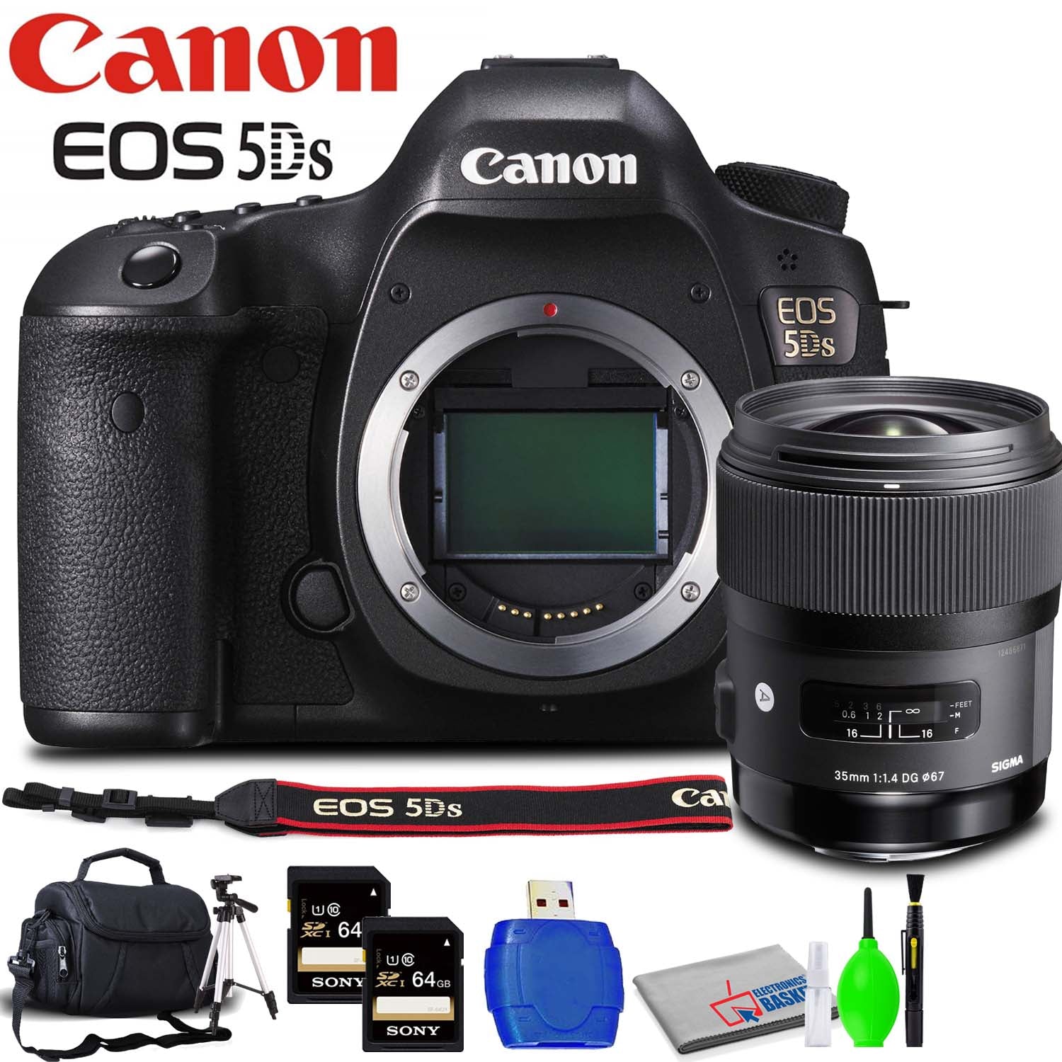 Canon EOS 5DS DSLR Camera (Body Only) Accessory Bundle with Sigma 35mm Lens, Memory Card Kit, Carrying Case, Tripod