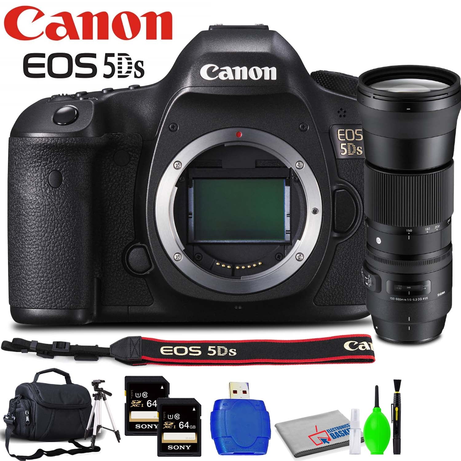 Canon EOS 5DS DSLR Camera (Body Only) Accessory Bundle with Sigma 150-600mm f/5-6.3 Lens, Memory Card Kit, Carrying Case