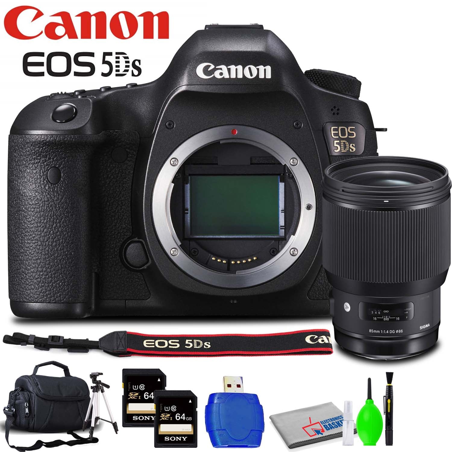 Canon EOS 5DS DSLR Camera (Body Only) Accessory Bundle with Sigma 85mm f/1.4 Lens, Memory Card Kit, Carrying Case, Tripod