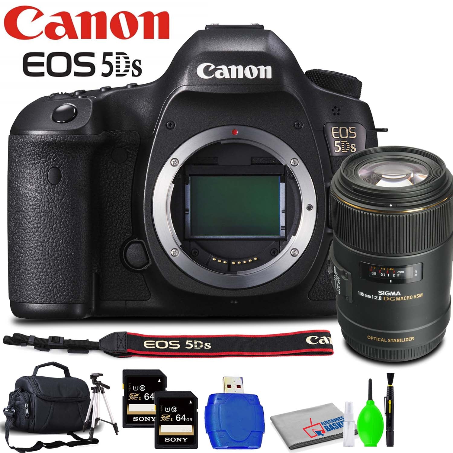 Canon EOS 5DS DSLR Camera (Body Only) Accessory Bundle with Sigma 105mm f/2.8 Lens, Memory Card Kit, Carrying Case