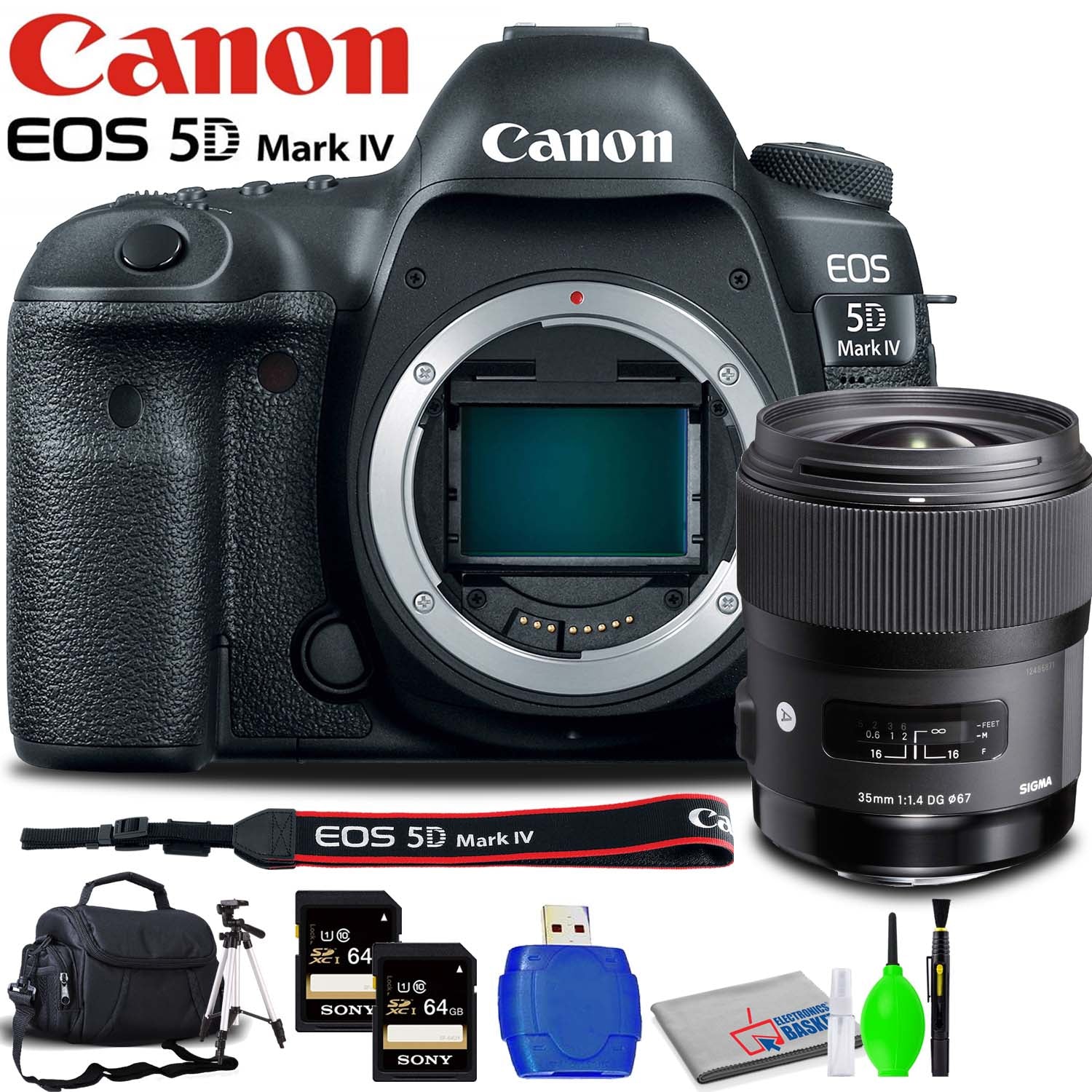 Canon EOS 5D Mark IV DSLR Camera (Body Only) Accessory Bundle with Sigma 35mm Lens, Memory Card Kit, Carrying Case, Tripod