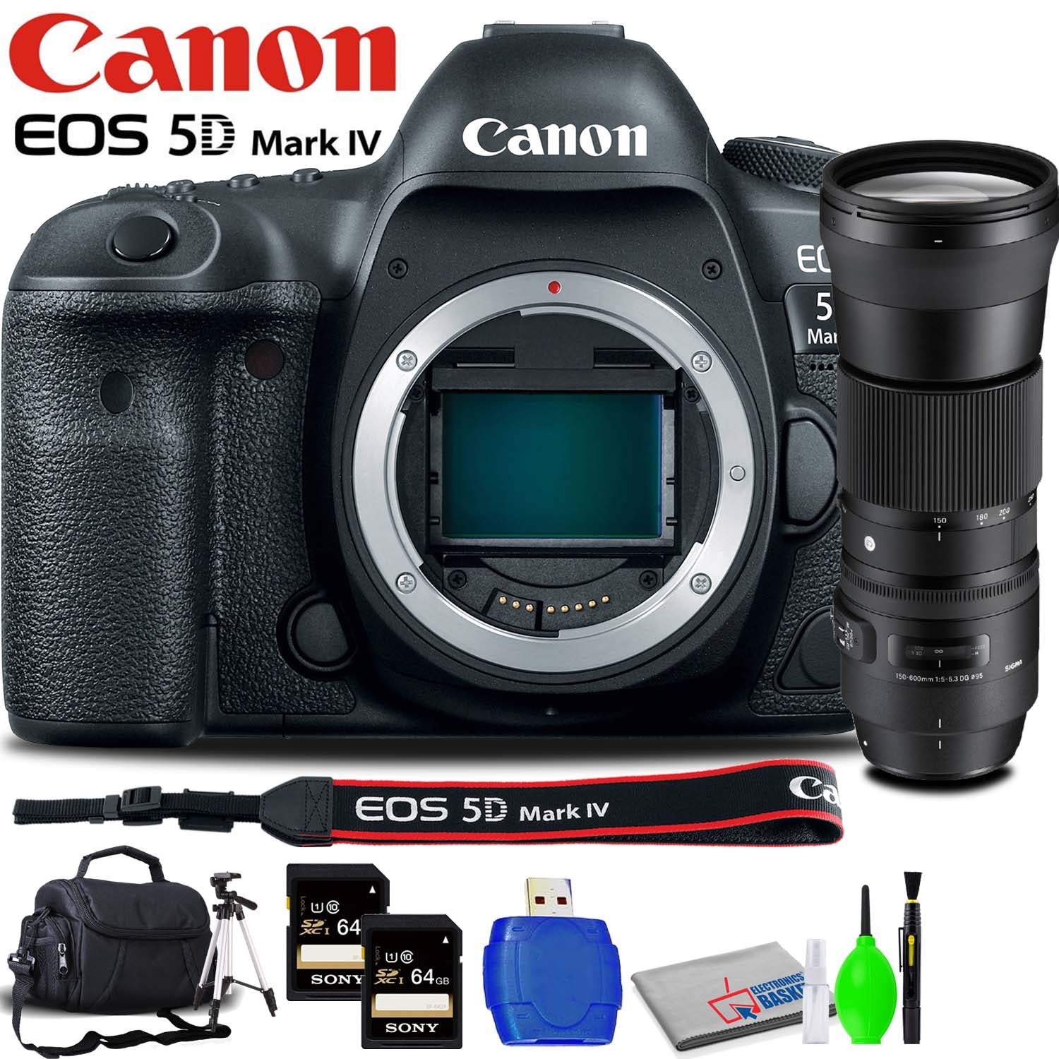 Canon EOS 5D Mark IV DSLR Camera (Body Only) Accessory Bundle with Sigma 150-600mm f/5-6.3 Lens, Memory Card Kit, Carrying Case
