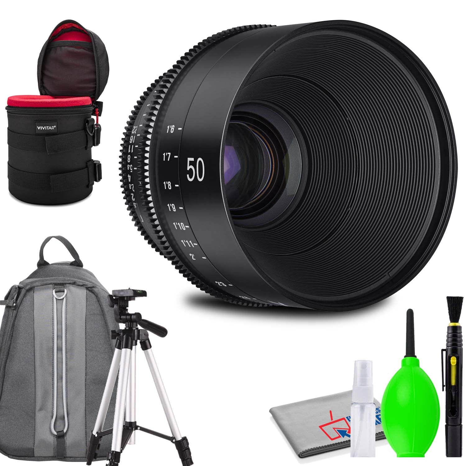 Rokinon Xeen 50mm T1.5 Lens for PL Mount Bundled with Potective Case, Padded Backpack, Tripod and Cleaning Kit