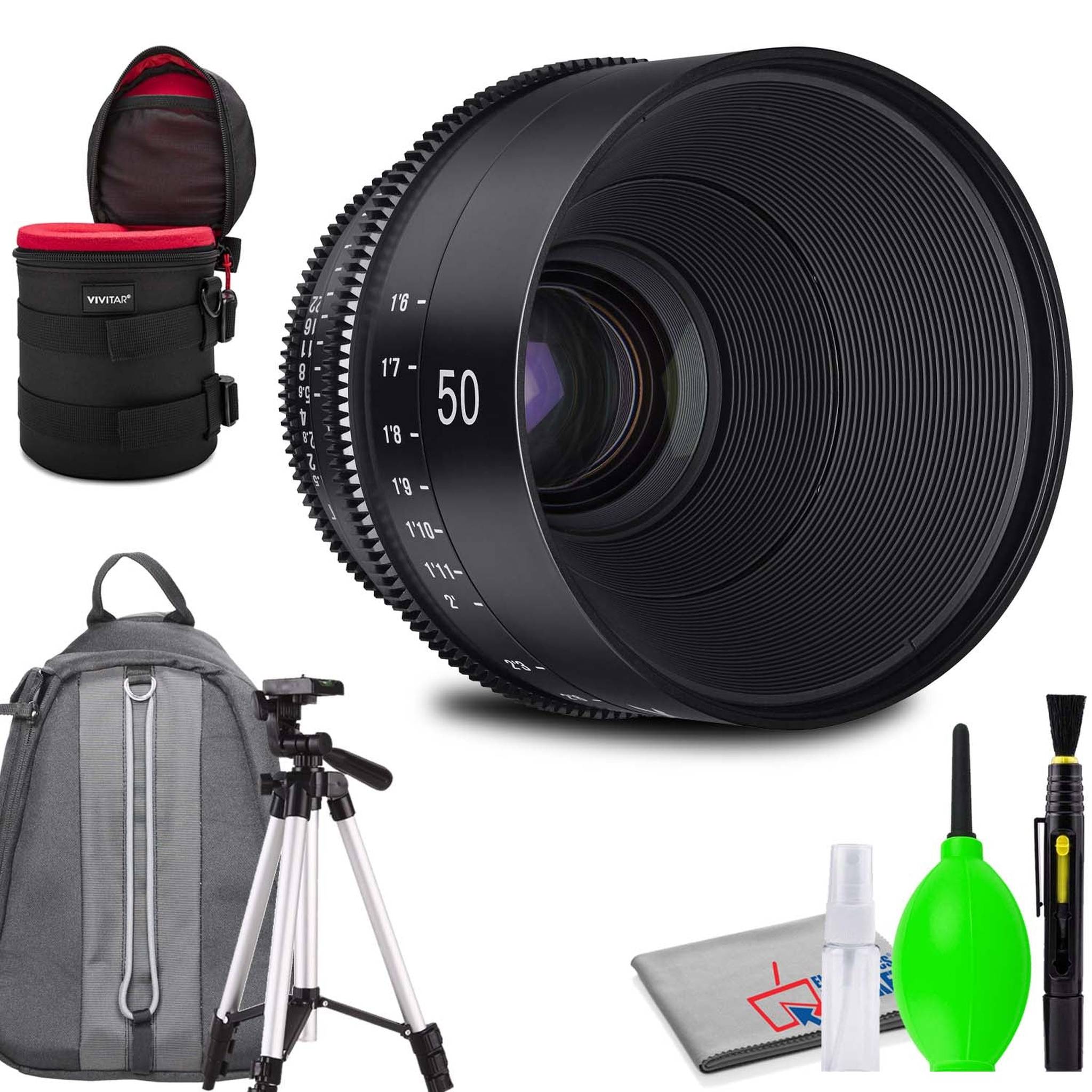 Rokinon Xeen 50mm T1.5 Lens for PL Mount Bundled with Potective Case, Padded Backpack, Tripod and Cleaning Kit