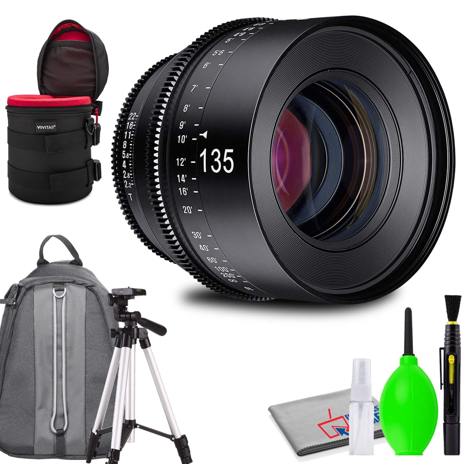 Rokinon Xeen 135mm T2.2 Lens with MFT Mount Bundled with Protective Case, Padded Backpack, Tripod and Cleaning Kit
