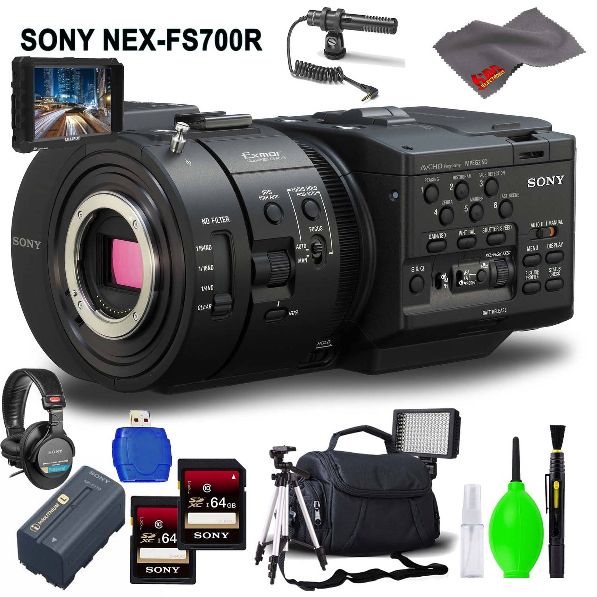Sony NEX-FS700R Super 35 Camcorder Body Only Accessory Bundle with Memory Card Kit, Carrying Case, 7" Monitor, Condenser Mic, Stereo Headphones Bundle