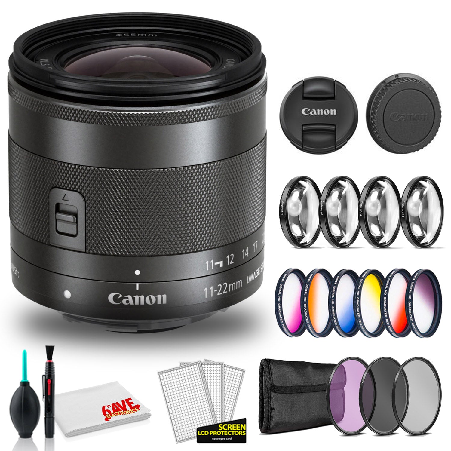 Canon EF-M 11-22mm f/4-5.6 IS STM Lens (International Model) with Cleaning Kit and Filter Kits Bundle