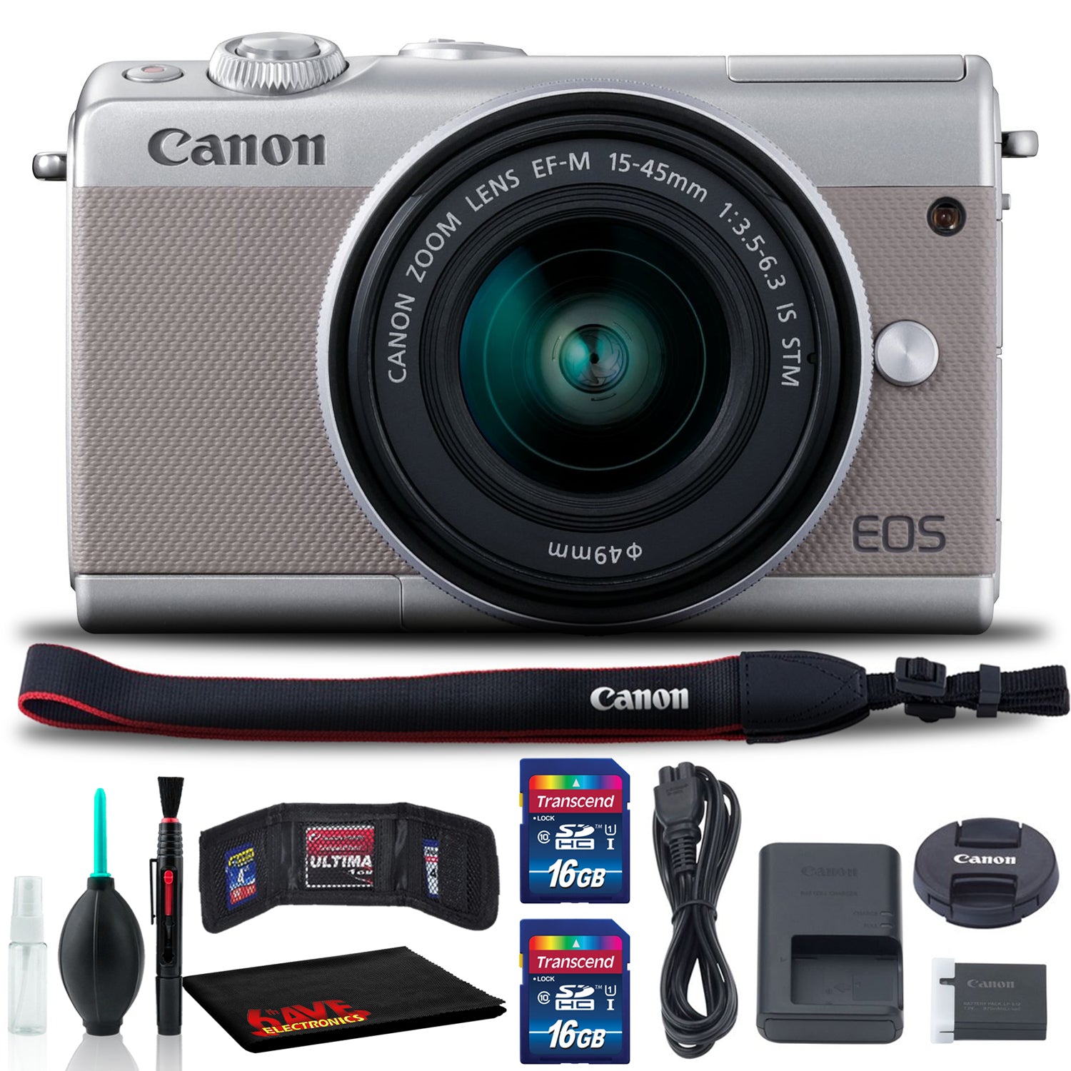 Canon EOS M100 Mirrorless Digital Camera with 15-45mm Lens (Grey) (Intl Model) + Two 16GB Memory Cards