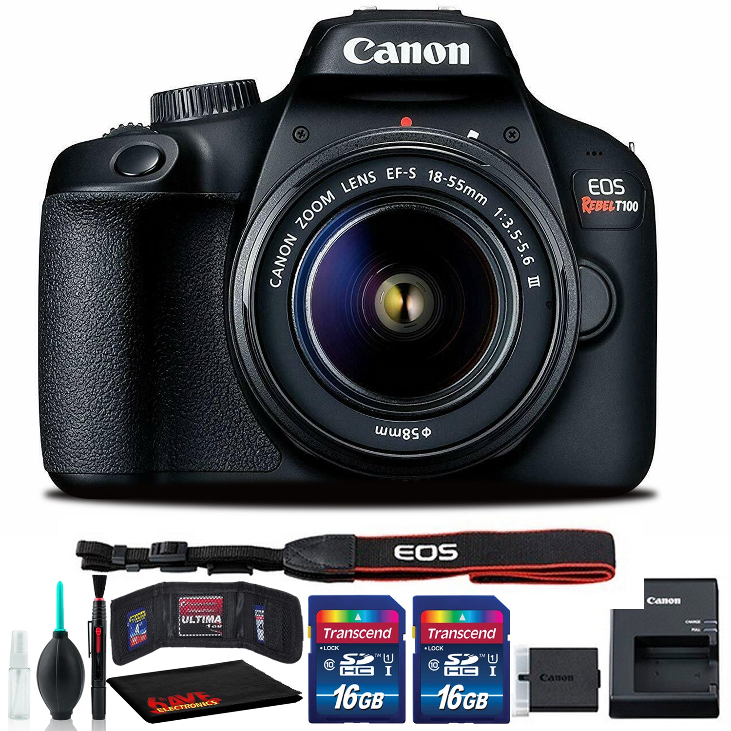 Canon EOS Rebel T100 DSLR Camera with 18-55mm III Lens (Intl Model) Includes Two 16GB Memory Cards and Cleaning Kit